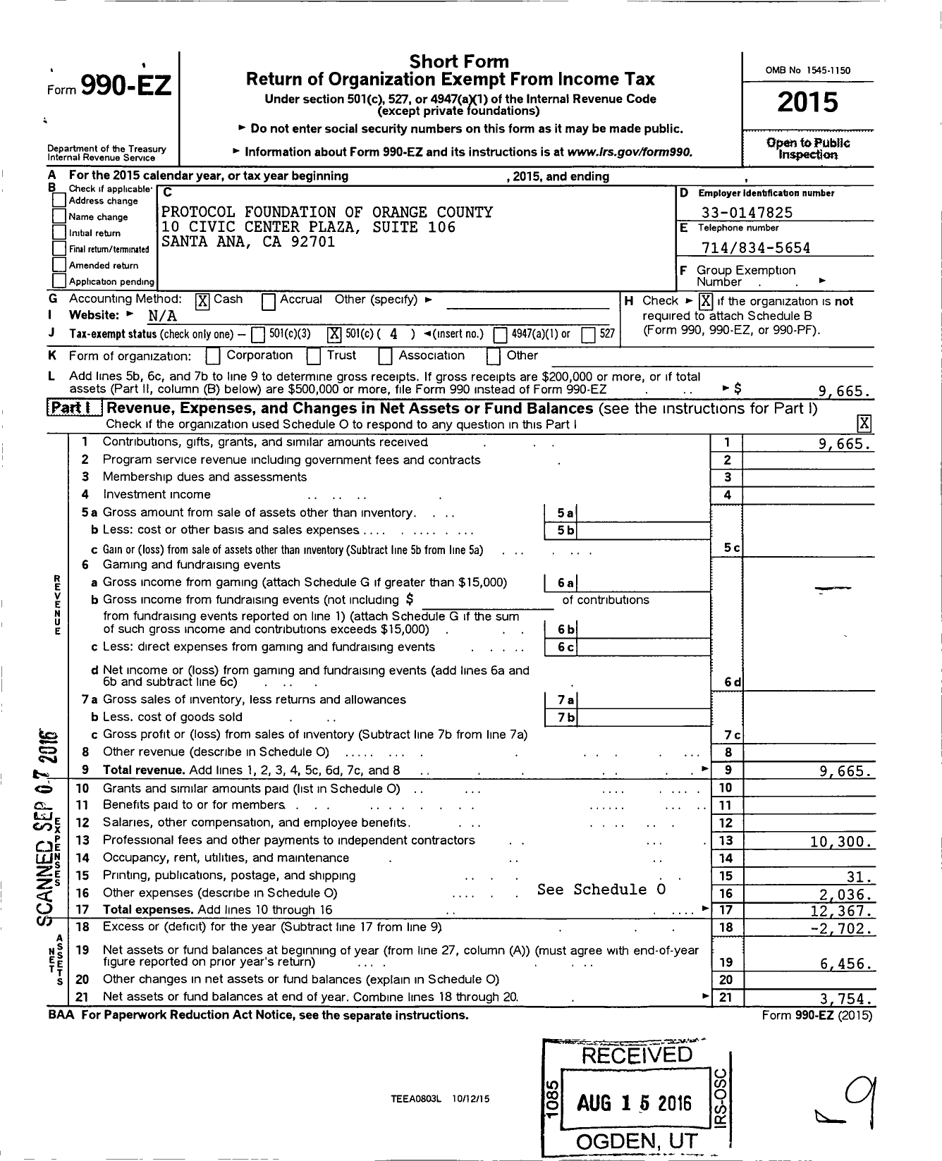 Image of first page of 2015 Form 990EO for Protocol Foundation of Orange County