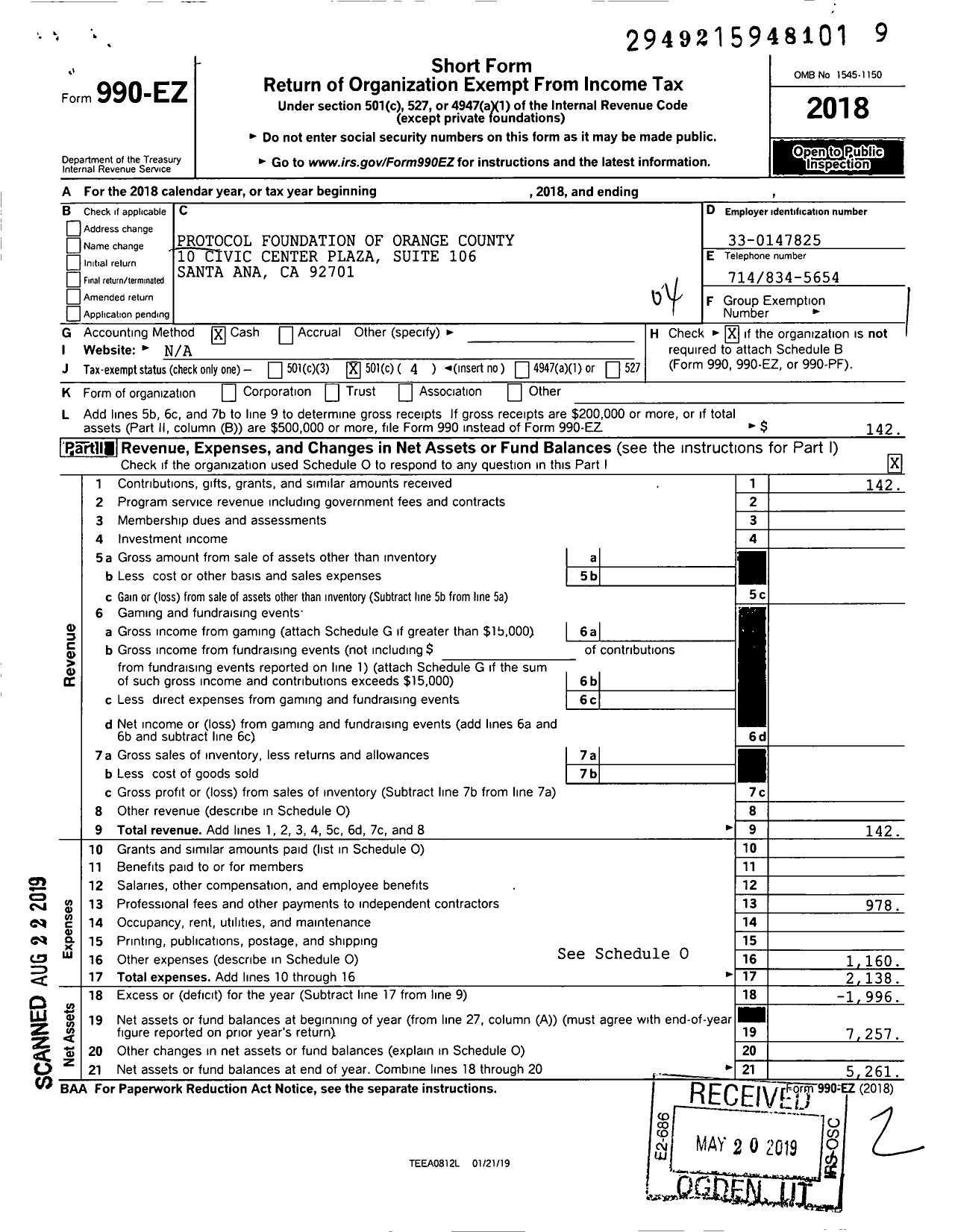 Image of first page of 2018 Form 990EO for Protocol Foundation of Orange County