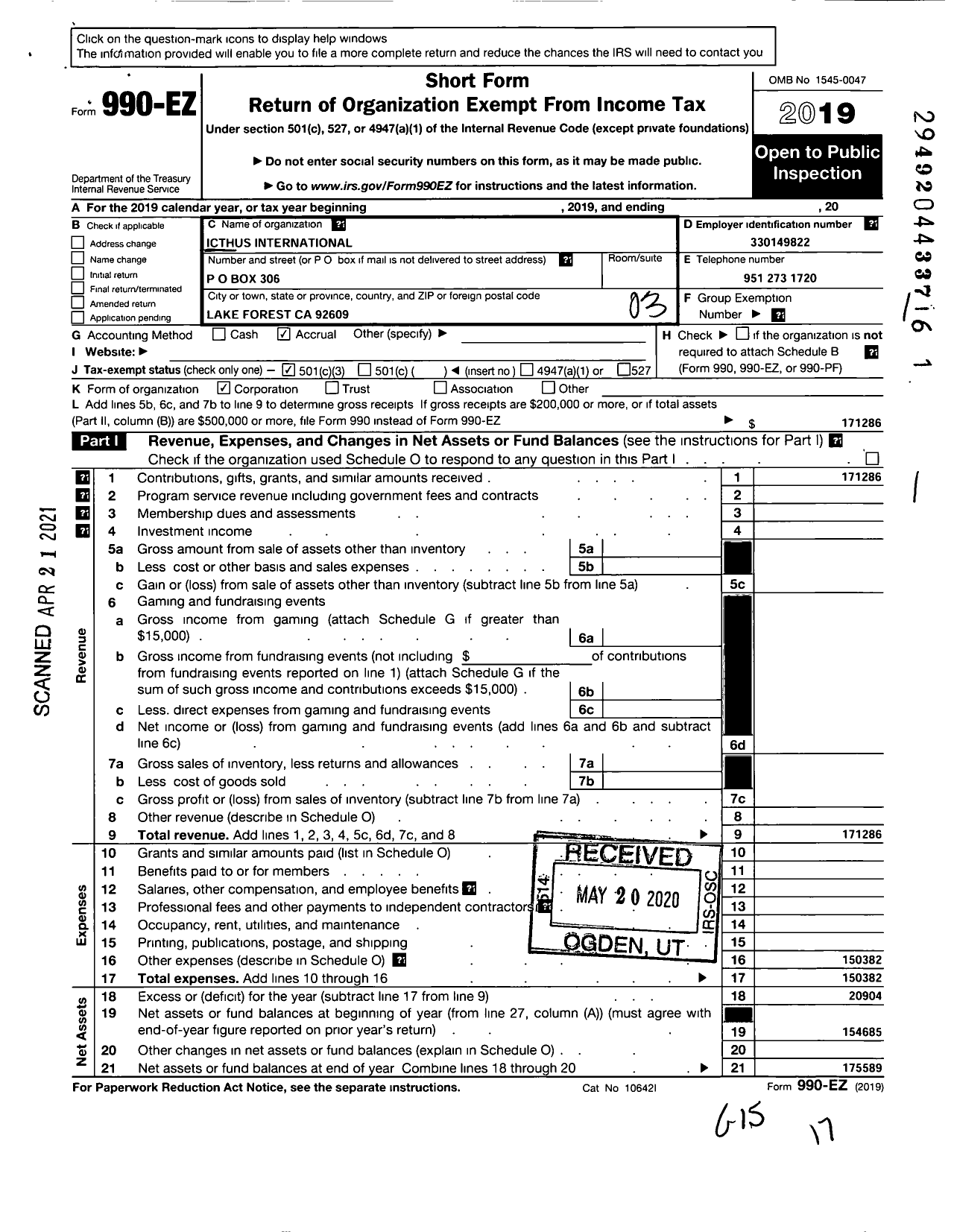 Image of first page of 2019 Form 990EZ for Icthus International