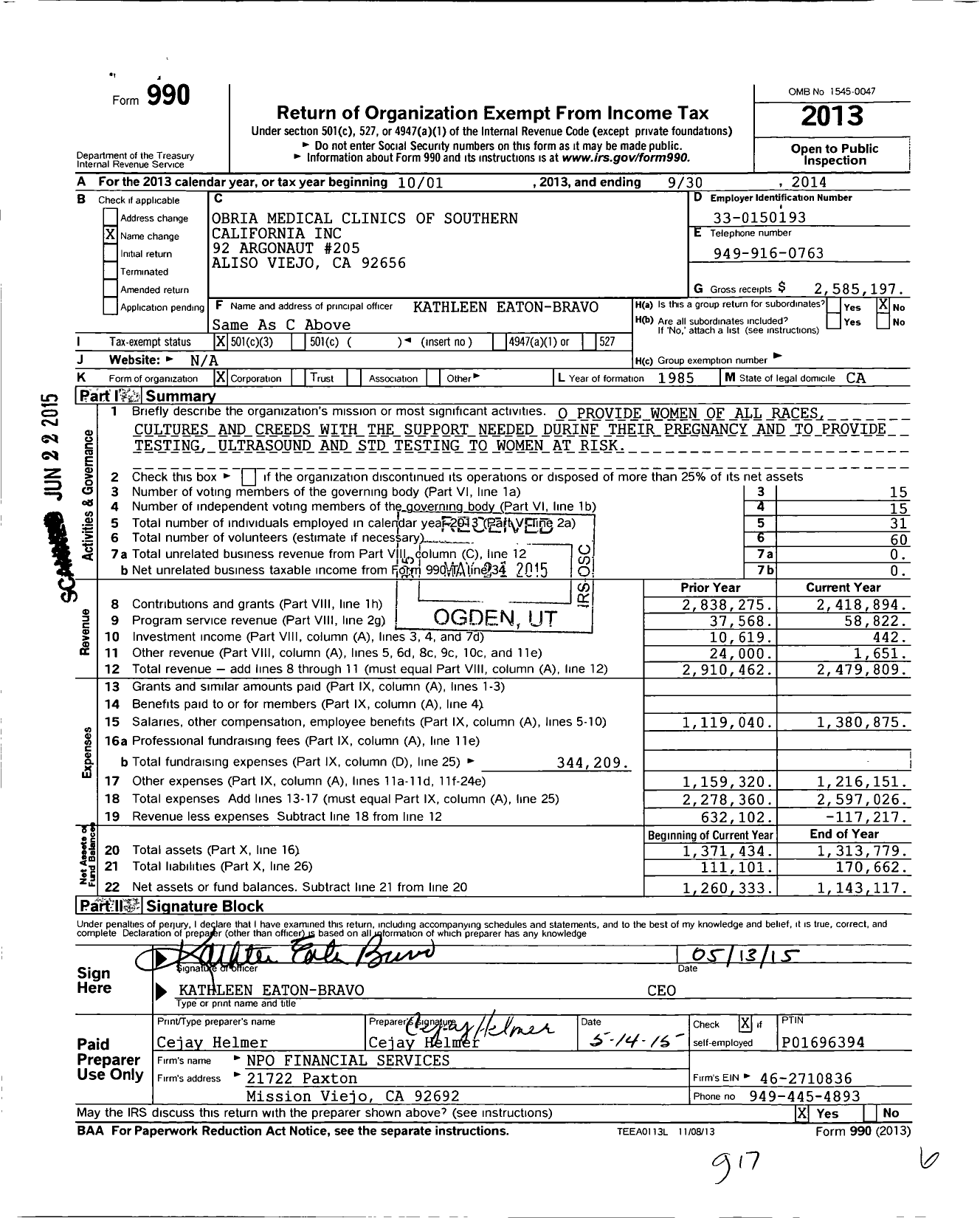 Image of first page of 2013 Form 990 for Obria Medical Clinics