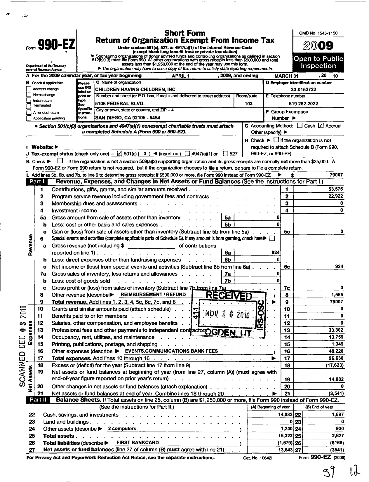 Image of first page of 2009 Form 990EZ for Children Having Children