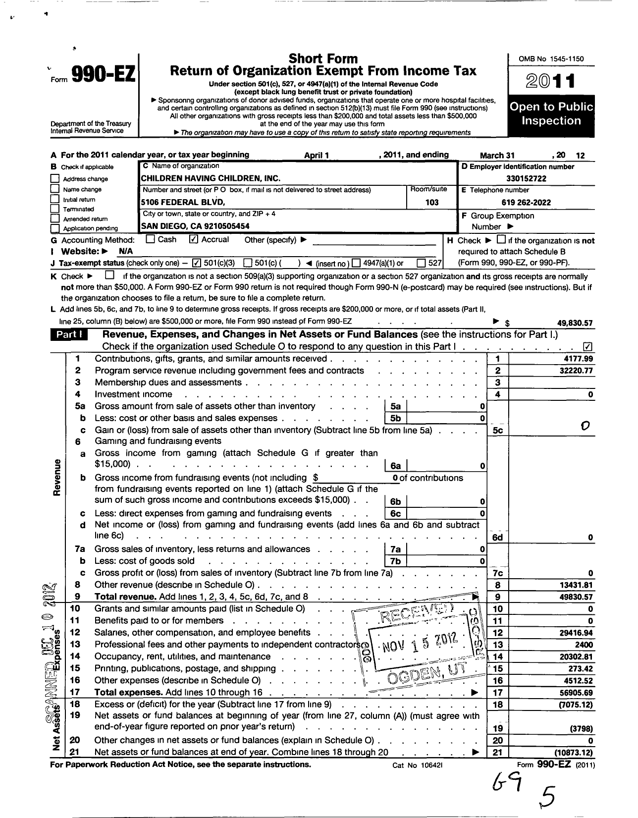 Image of first page of 2011 Form 990EZ for Children Having Children