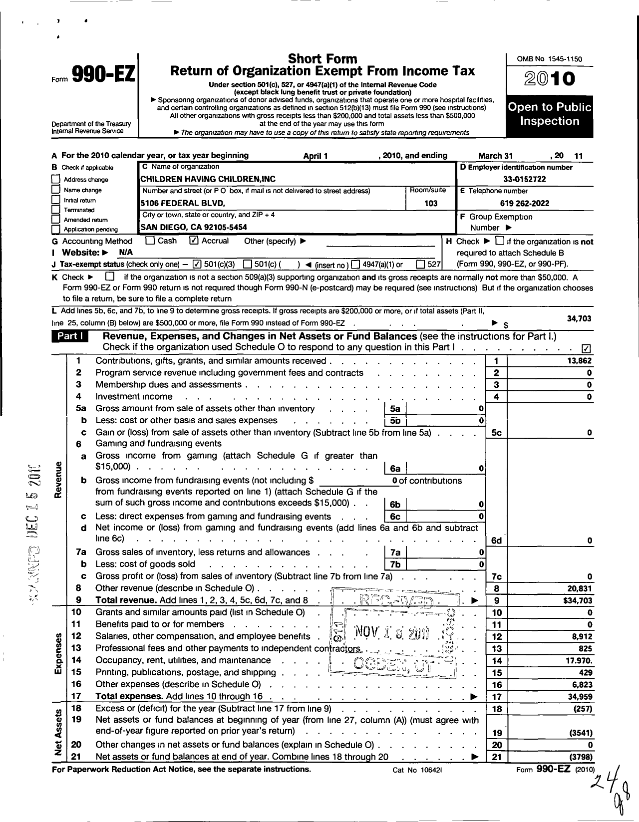 Image of first page of 2010 Form 990EZ for Children Having Children