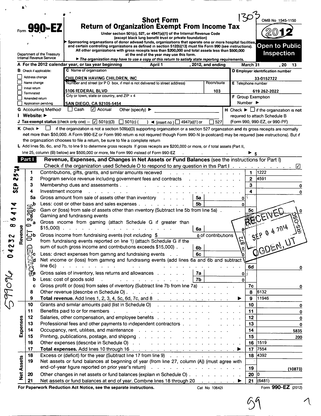 Image of first page of 2012 Form 990EZ for Children Having Children