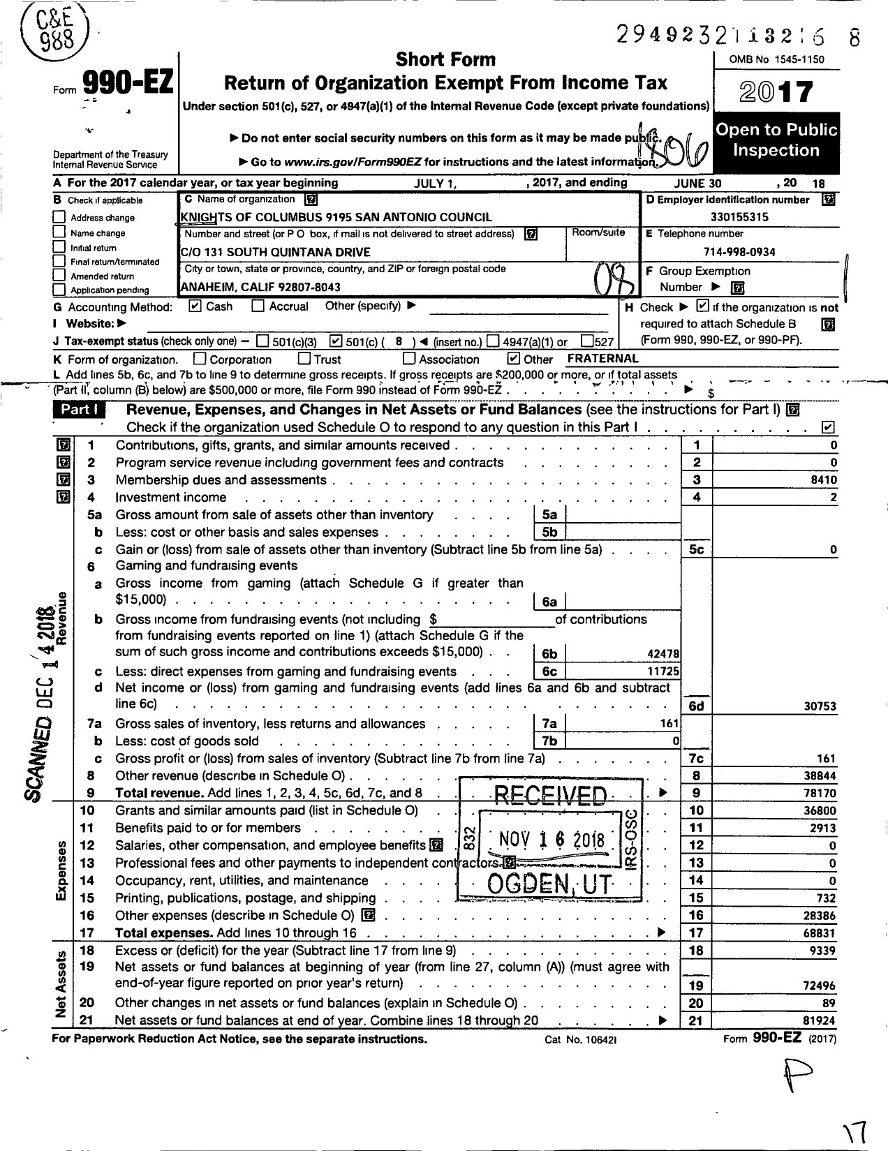 Image of first page of 2017 Form 990EO for Knights of Columbus - 9195 San Antoinio Council