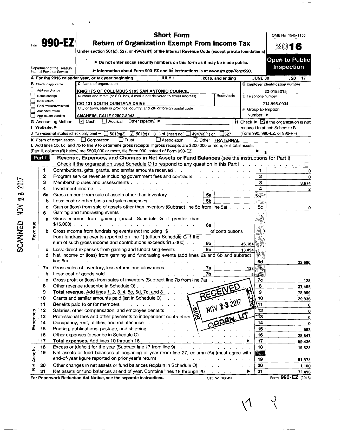 Image of first page of 2016 Form 990EO for Knights of Columbus - 9195 San Antoinio Council