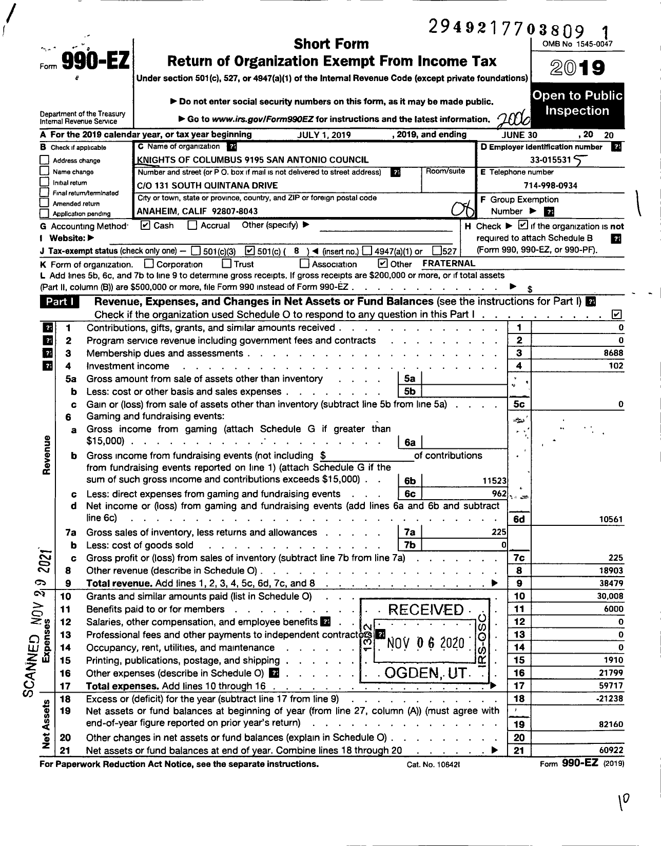 Image of first page of 2019 Form 990EO for Knights of Columbus - 9195 San Antoinio Council