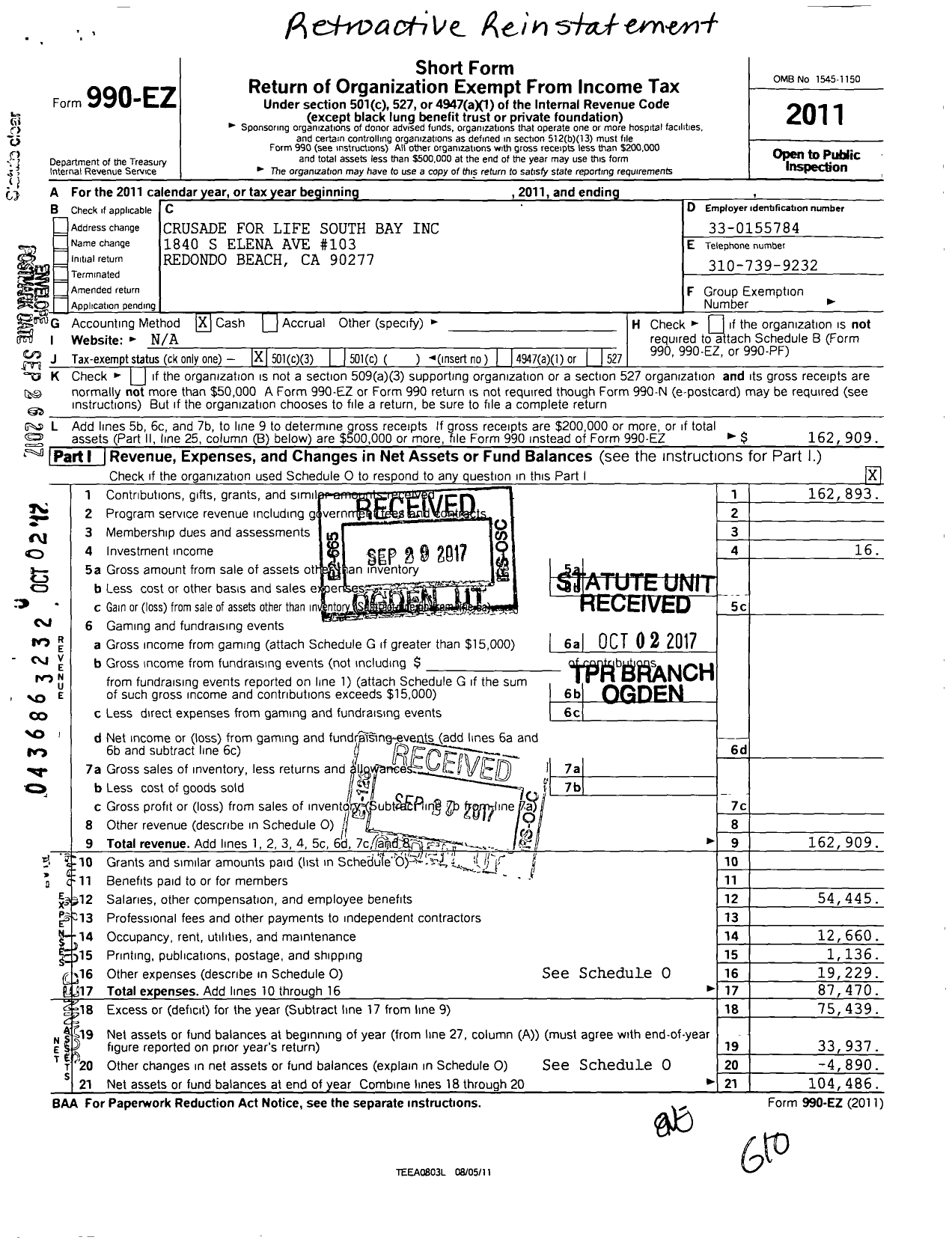 Image of first page of 2011 Form 990EZ for Crusade for Life South Bay