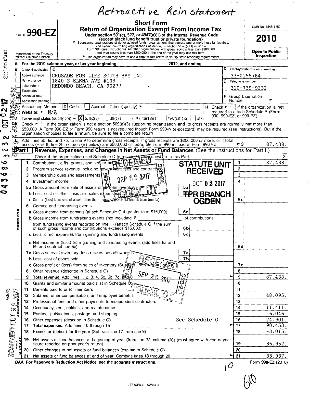 Image of first page of 2010 Form 990EZ for Crusade for Life South Bay