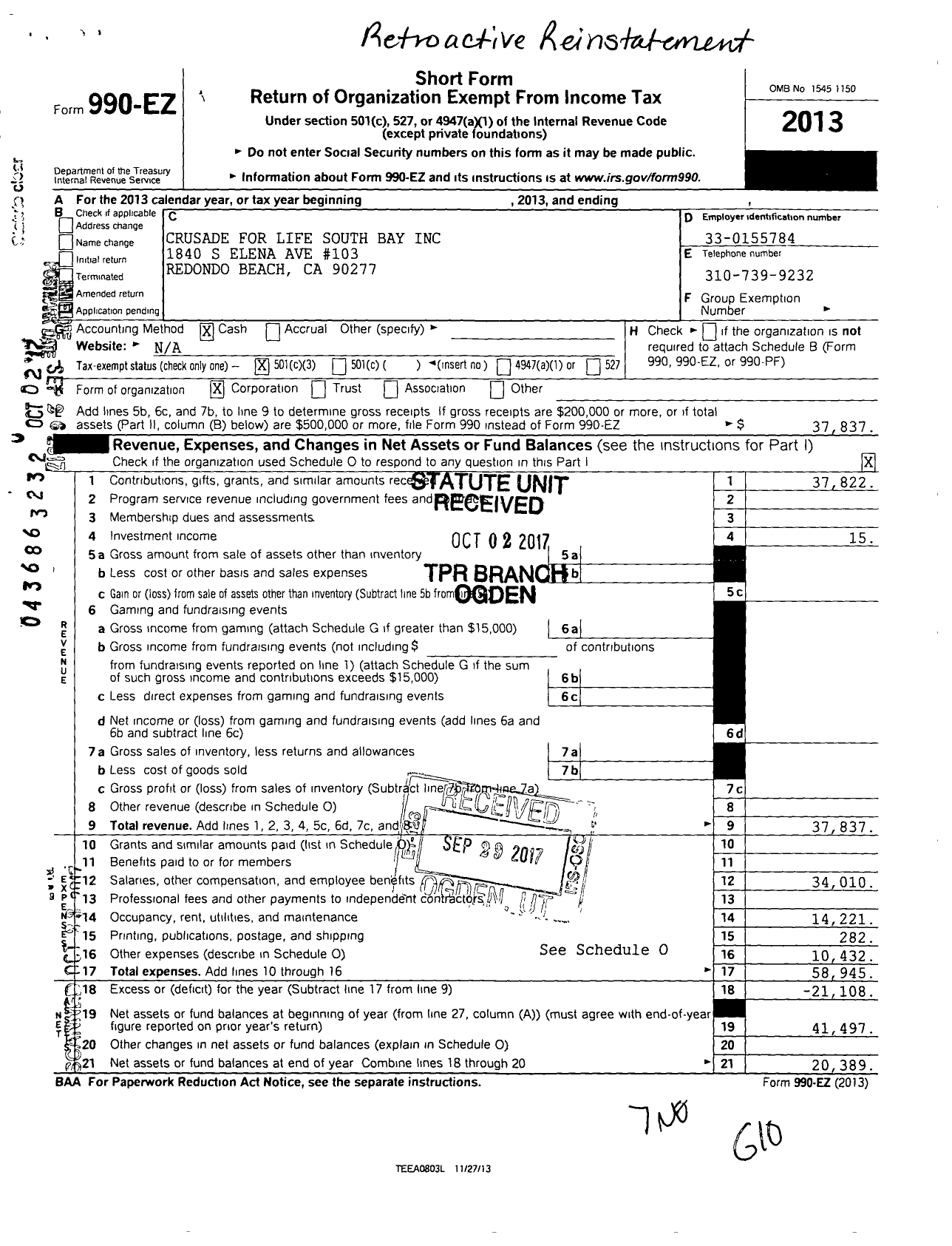 Image of first page of 2013 Form 990EZ for Crusade for Life South Bay