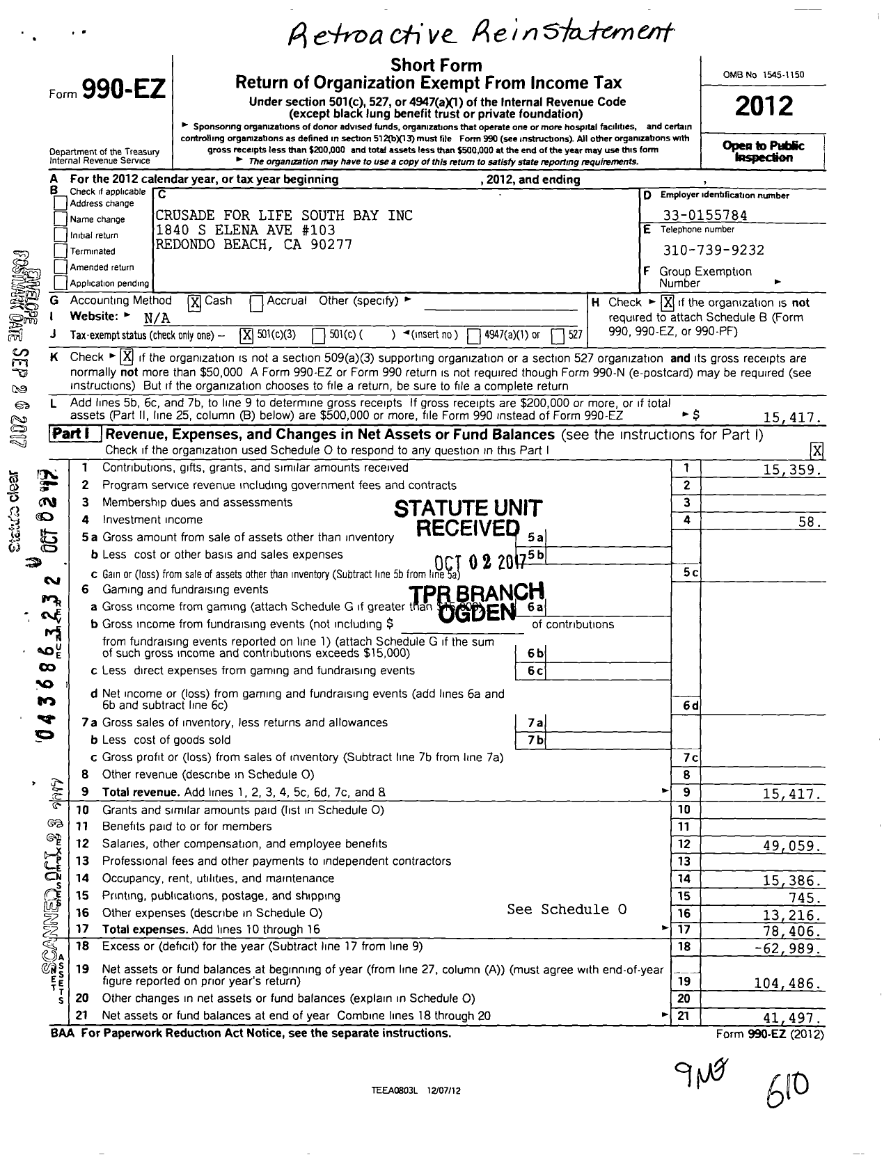 Image of first page of 2012 Form 990EZ for Crusade for Life South Bay