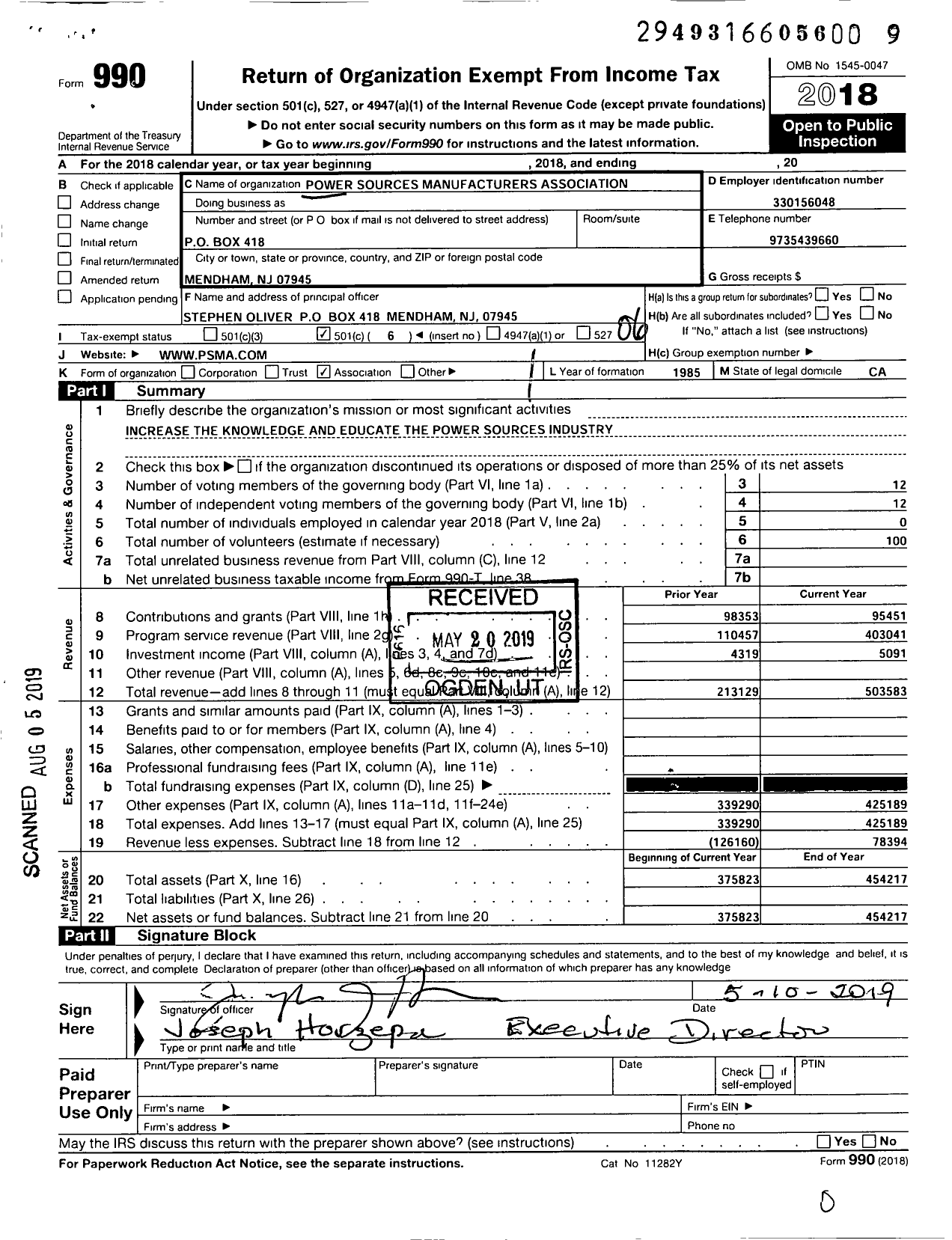 Image of first page of 2018 Form 990O for The Power Sources Manufacturers Association