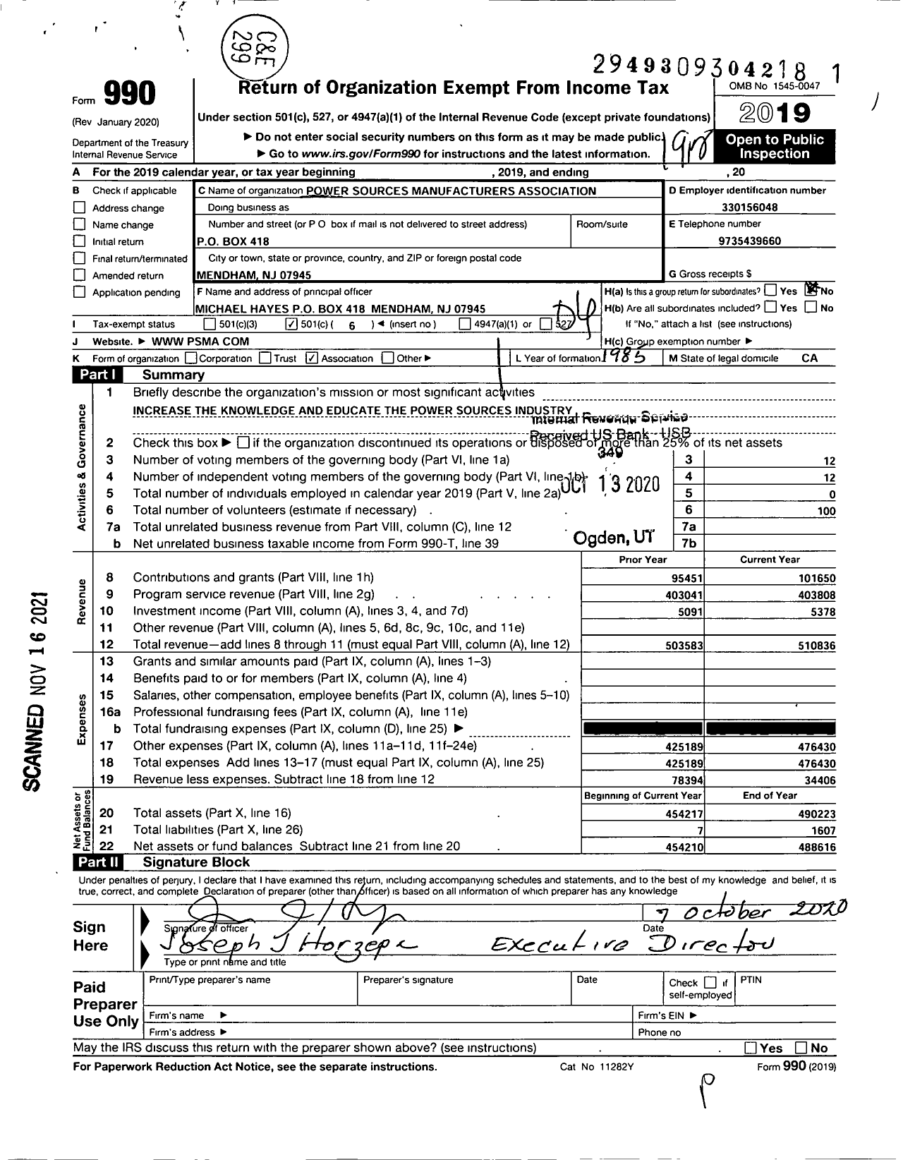 Image of first page of 2019 Form 990O for The Power Sources Manufacturers Association