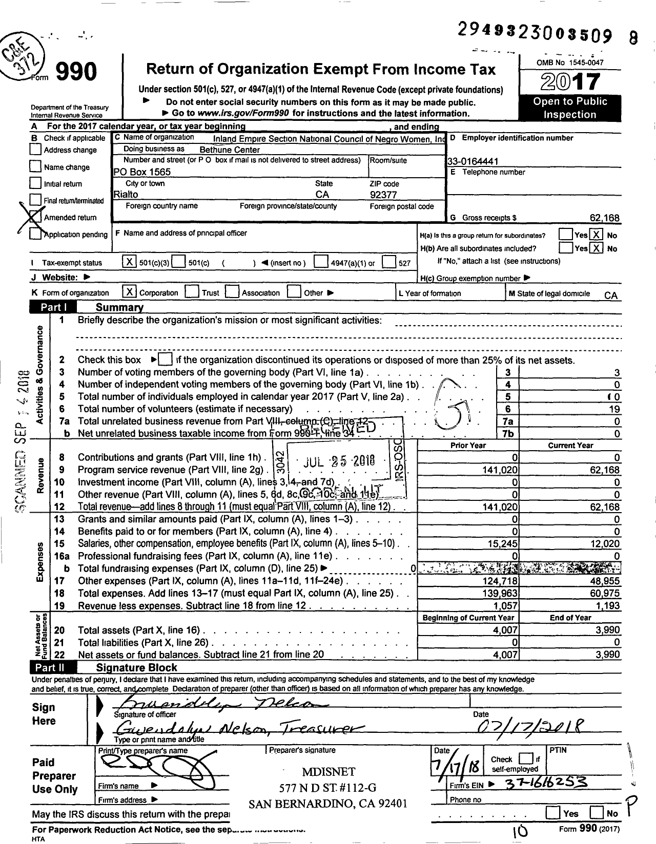 Image of first page of 2017 Form 990 for Inland Empire Section National Council of Negro Women / Ca018 Inland-Empire Section