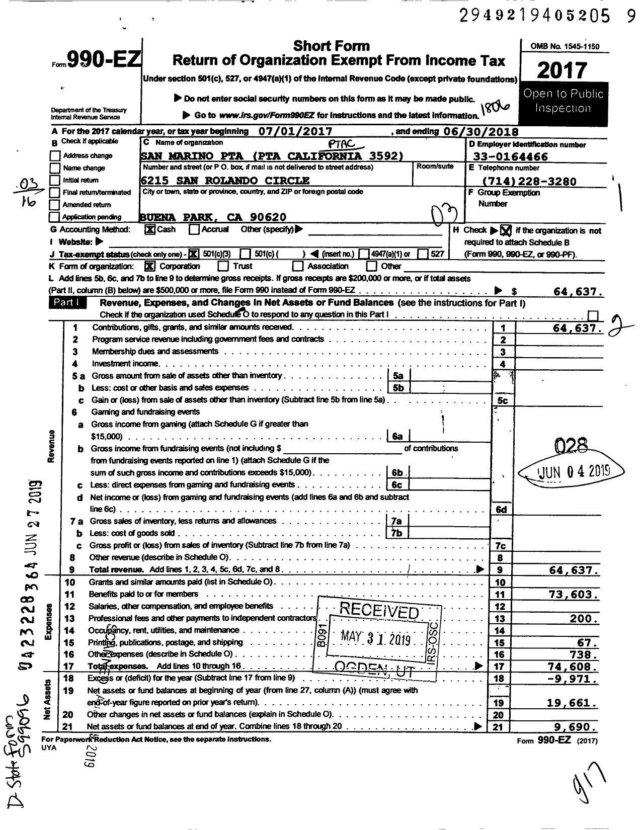 Image of first page of 2017 Form 990EZ for California State PTA - 3592 San Marino Elementary PTA