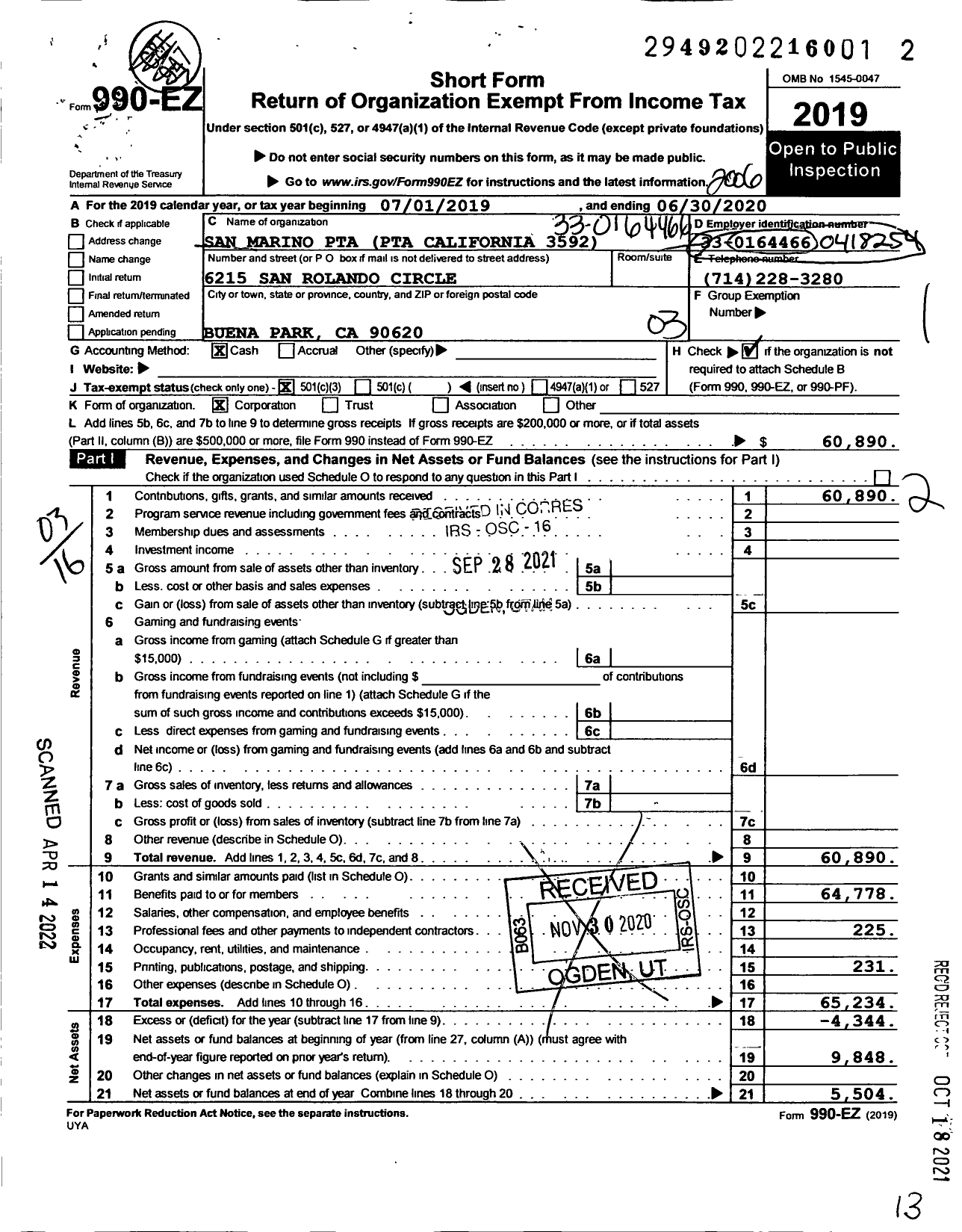 Image of first page of 2019 Form 990EZ for California State PTA - 3592 San Marino Elementary PTA