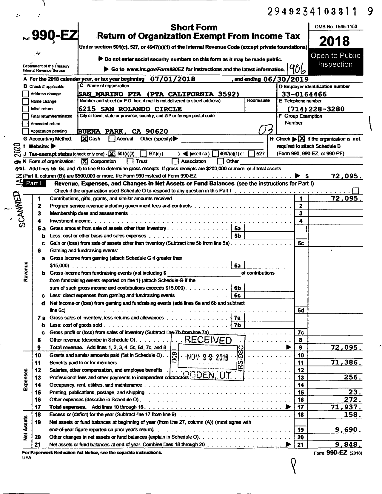 Image of first page of 2018 Form 990EZ for California State PTA - 3592 San Marino Elementary PTA