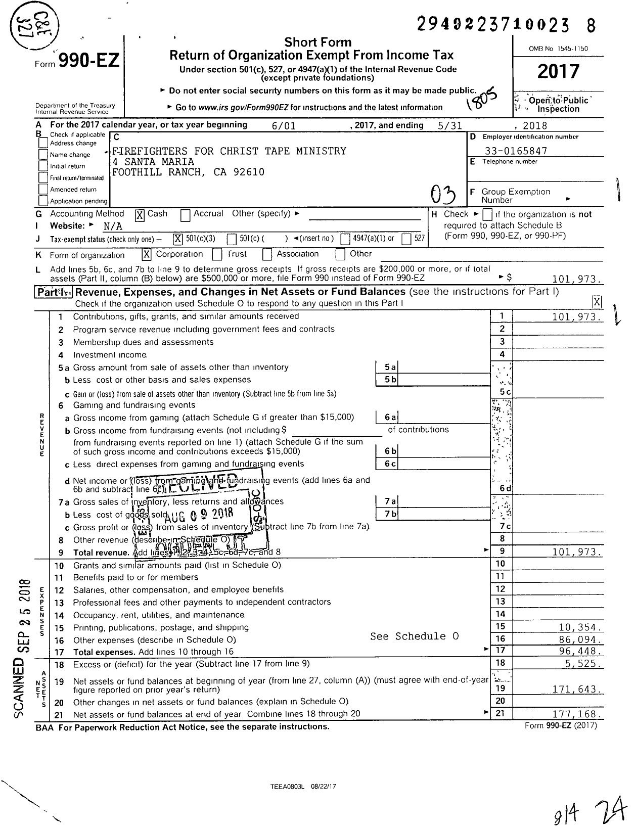 Image of first page of 2017 Form 990EZ for Firefighters for Christ Tape Ministery