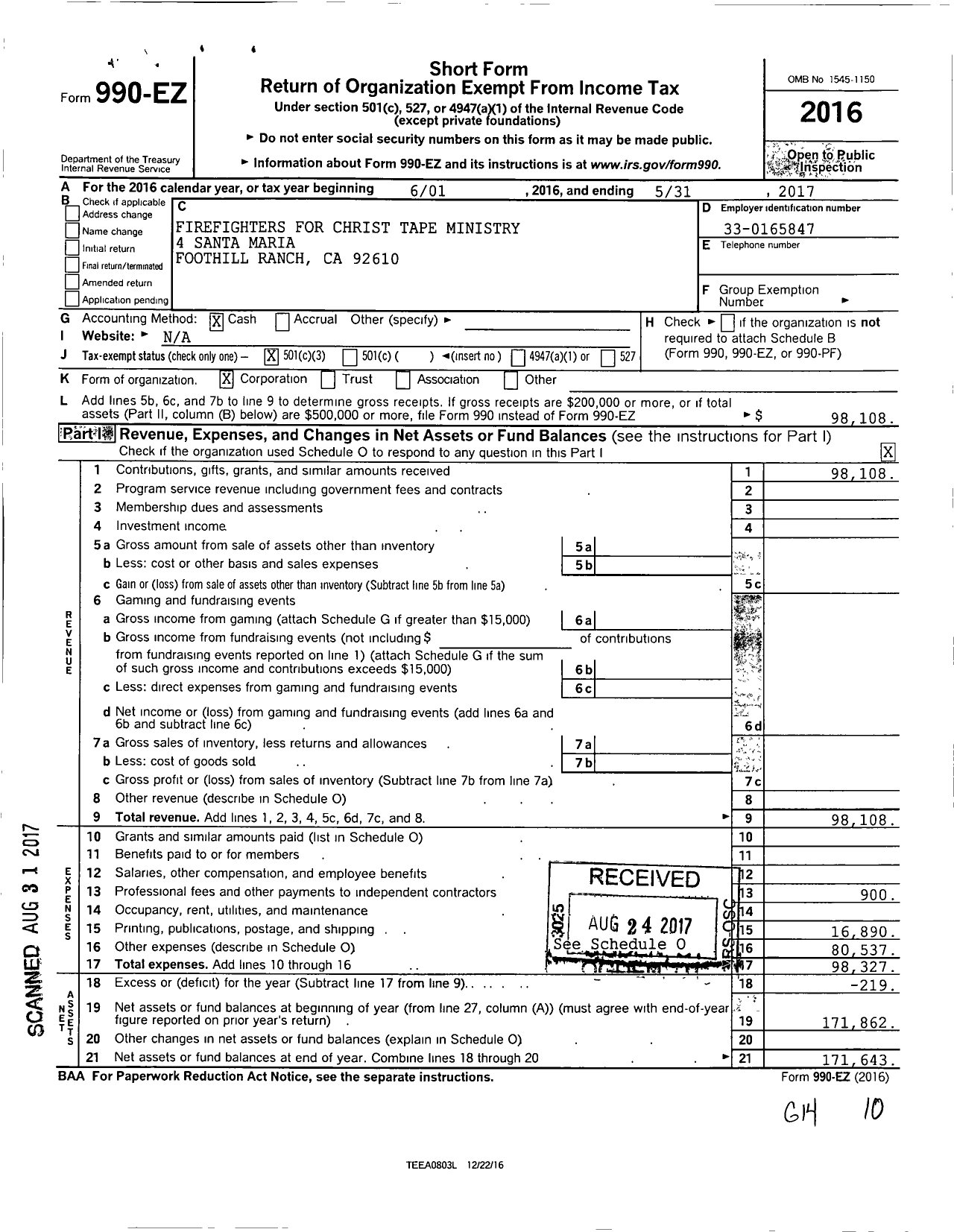 Image of first page of 2016 Form 990EZ for Firefighters for Christ Tape Ministery