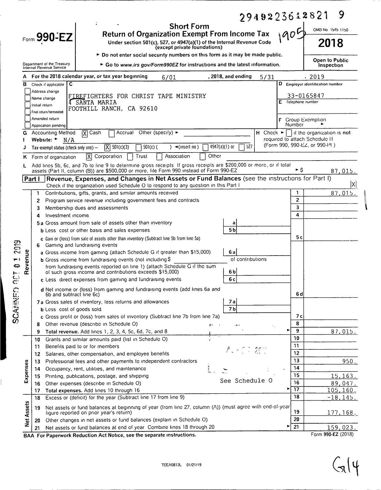 Image of first page of 2018 Form 990EZ for Firefighters for Christ Tape Ministery