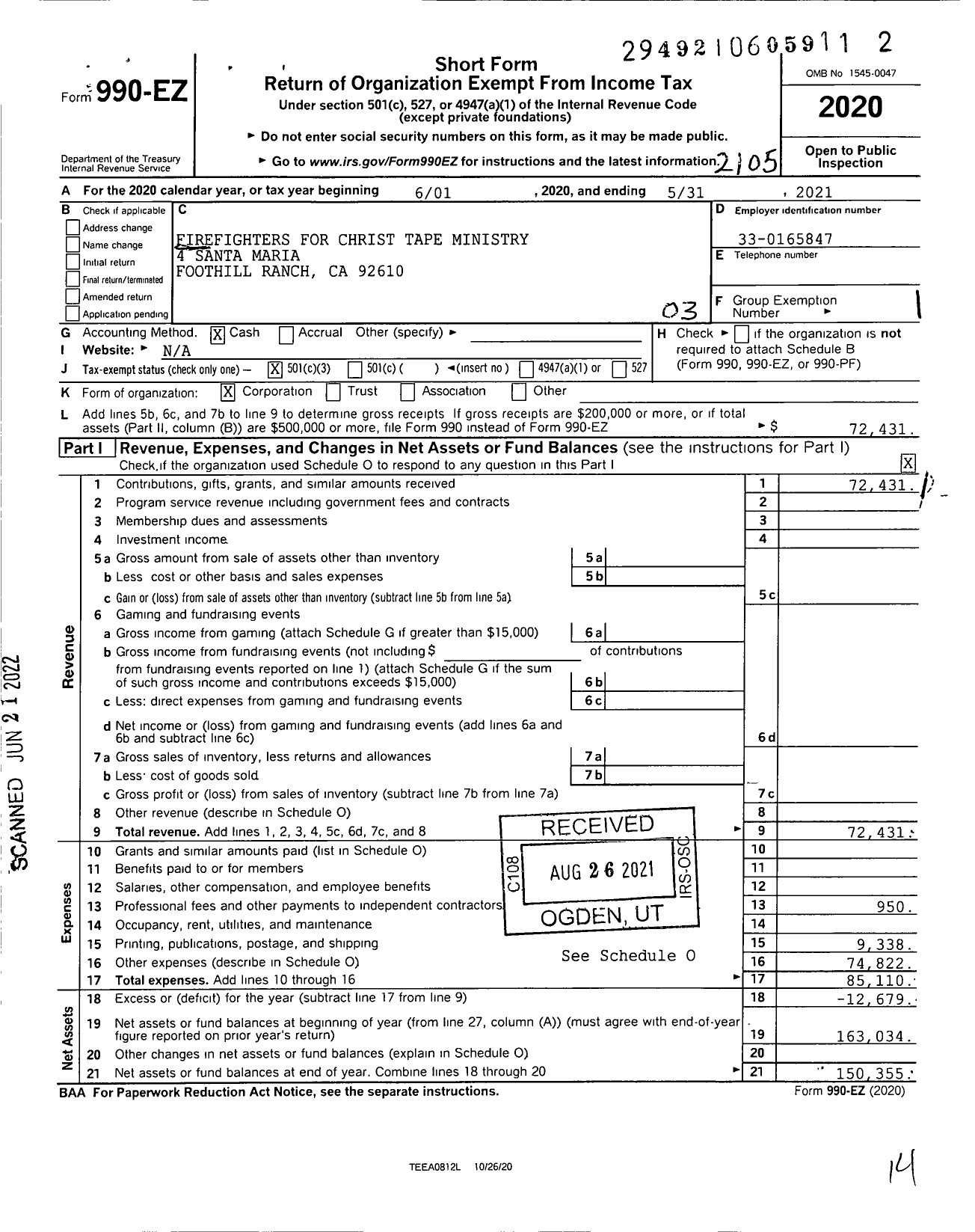 Image of first page of 2020 Form 990EZ for Firefighters for Christ Tape Ministery