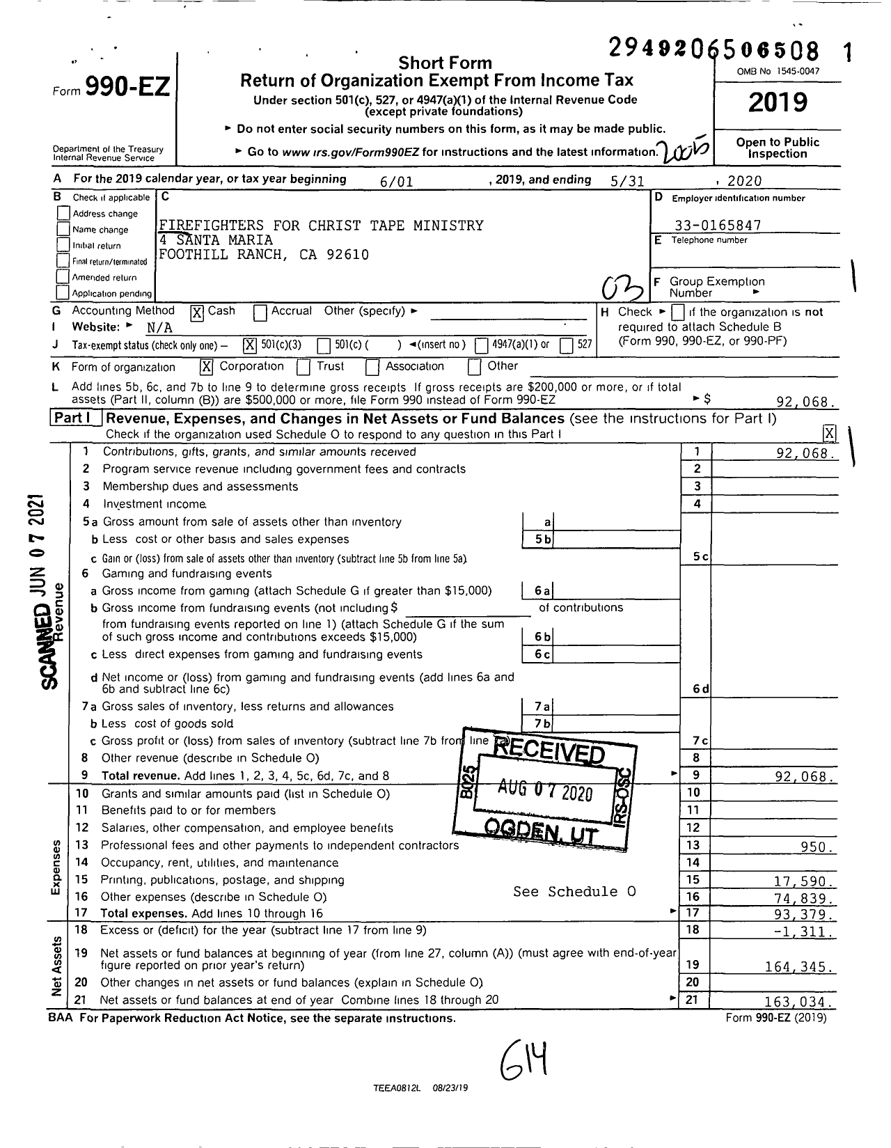 Image of first page of 2019 Form 990EZ for Firefighters for Christ Tape Ministery