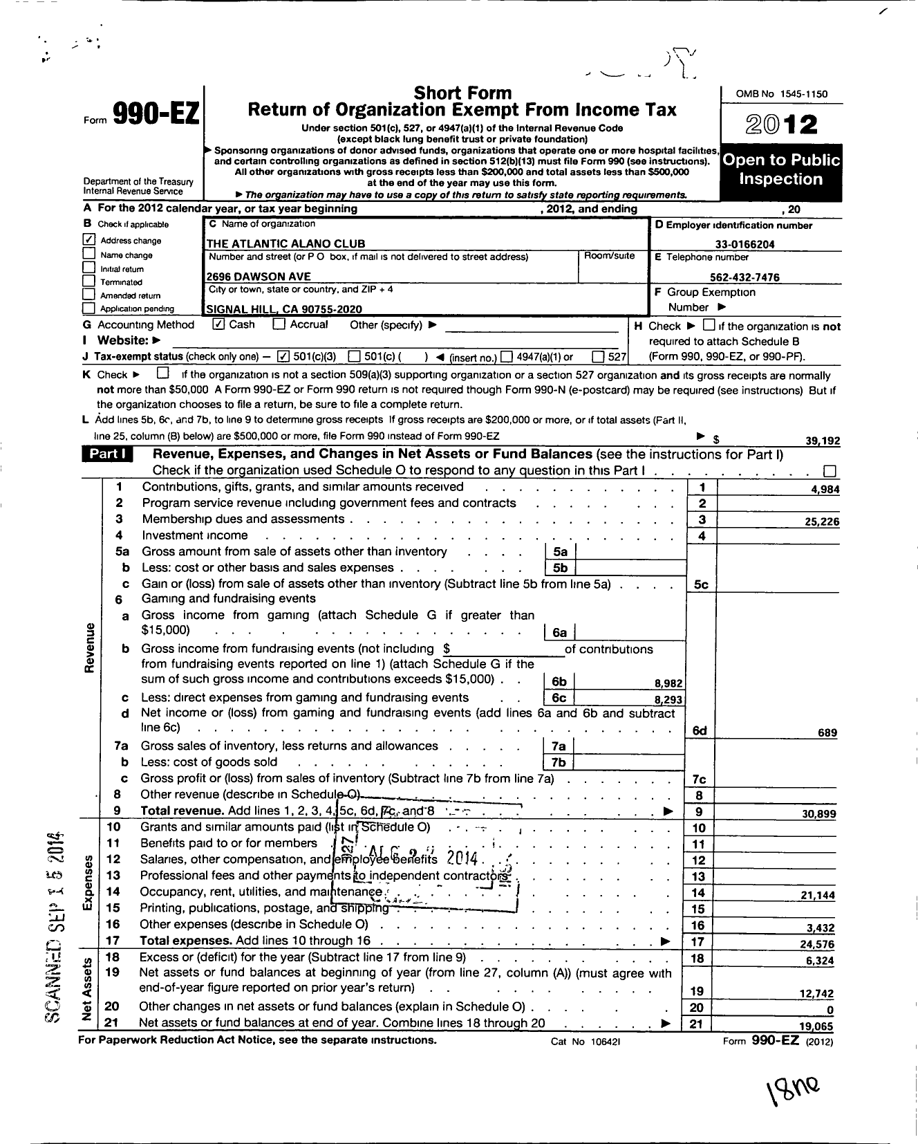 Image of first page of 2012 Form 990EZ for Atlantic Alano Club