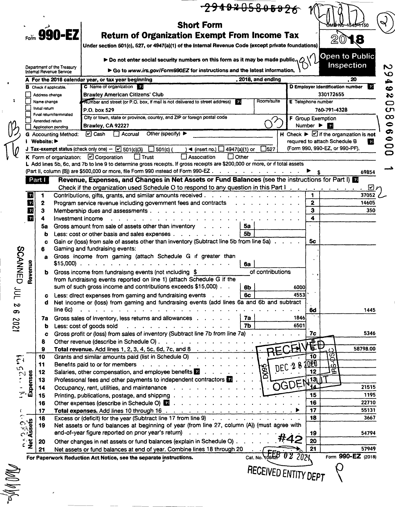 Image of first page of 2018 Form 990EZ for Brawley American Citizens Club