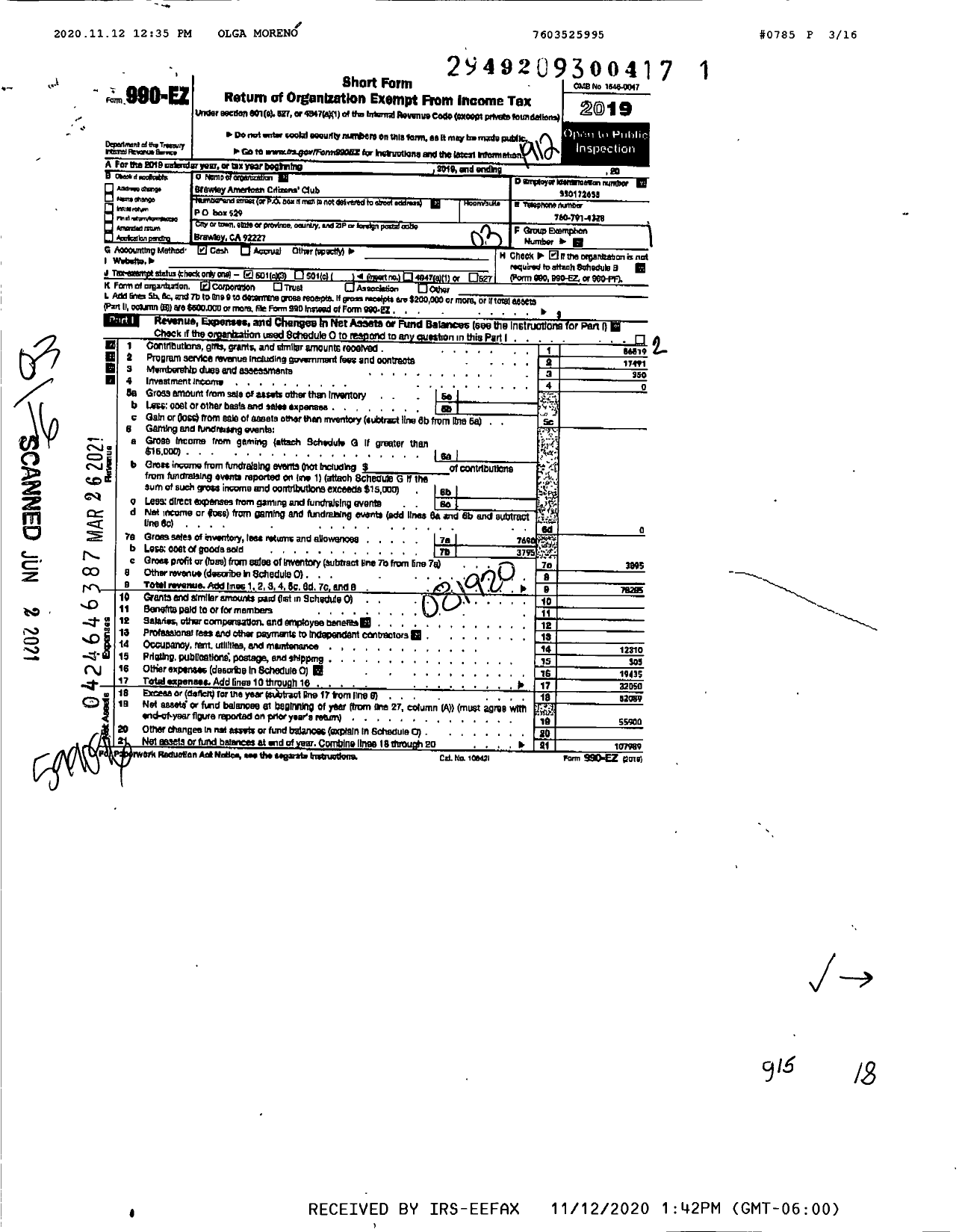 Image of first page of 2019 Form 990EZ for Brawley American Citizens Club