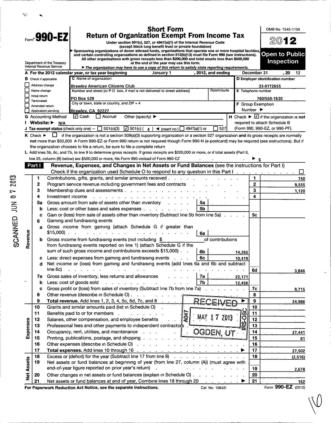 Image of first page of 2012 Form 990EO for Brawley American Citizens Club