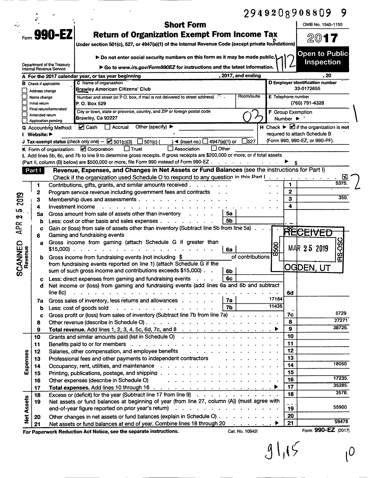 Image of first page of 2017 Form 990EZ for Brawley American Citizens Club