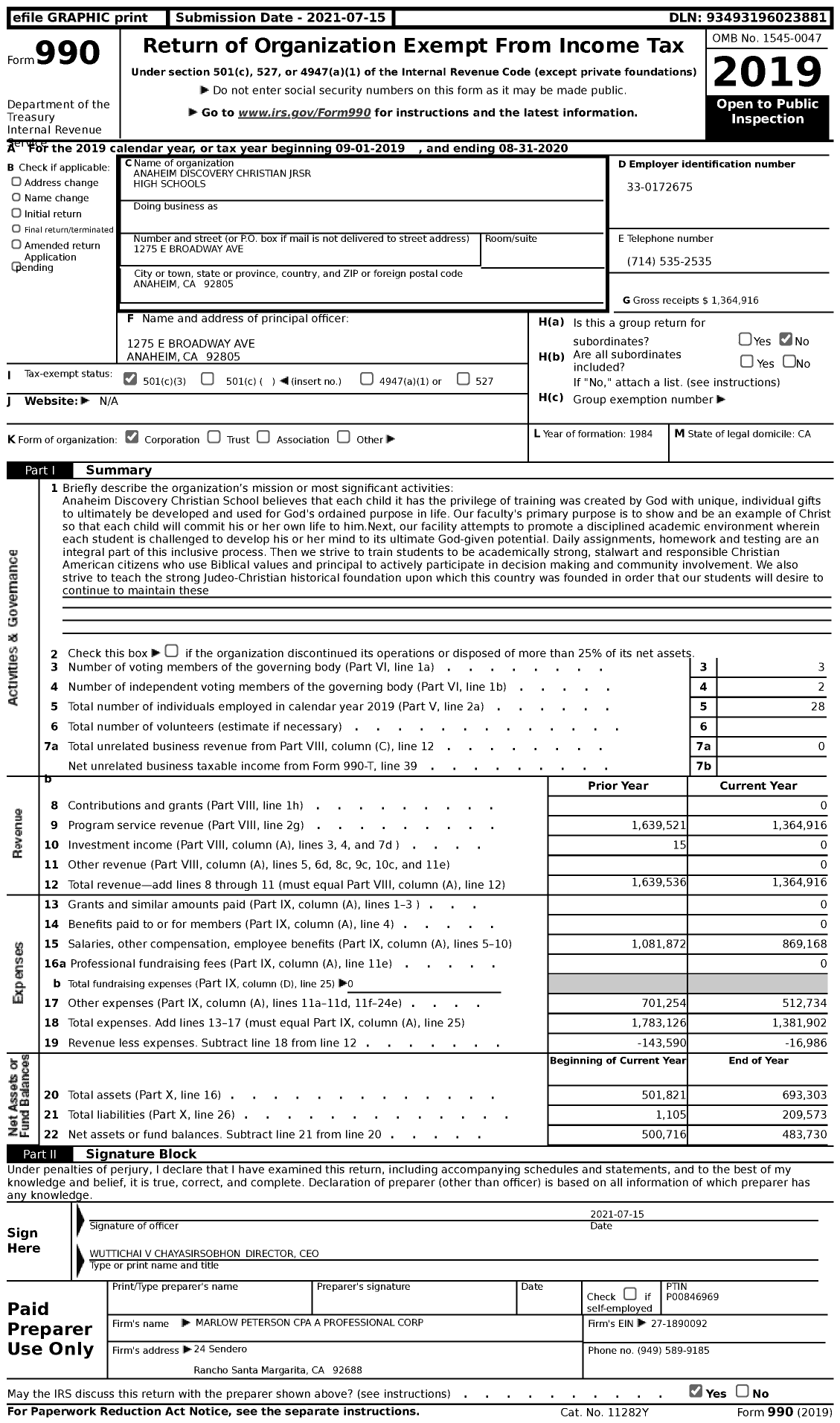Image of first page of 2019 Form 990 for Anaheim Discovery Christian JRSR High Schools