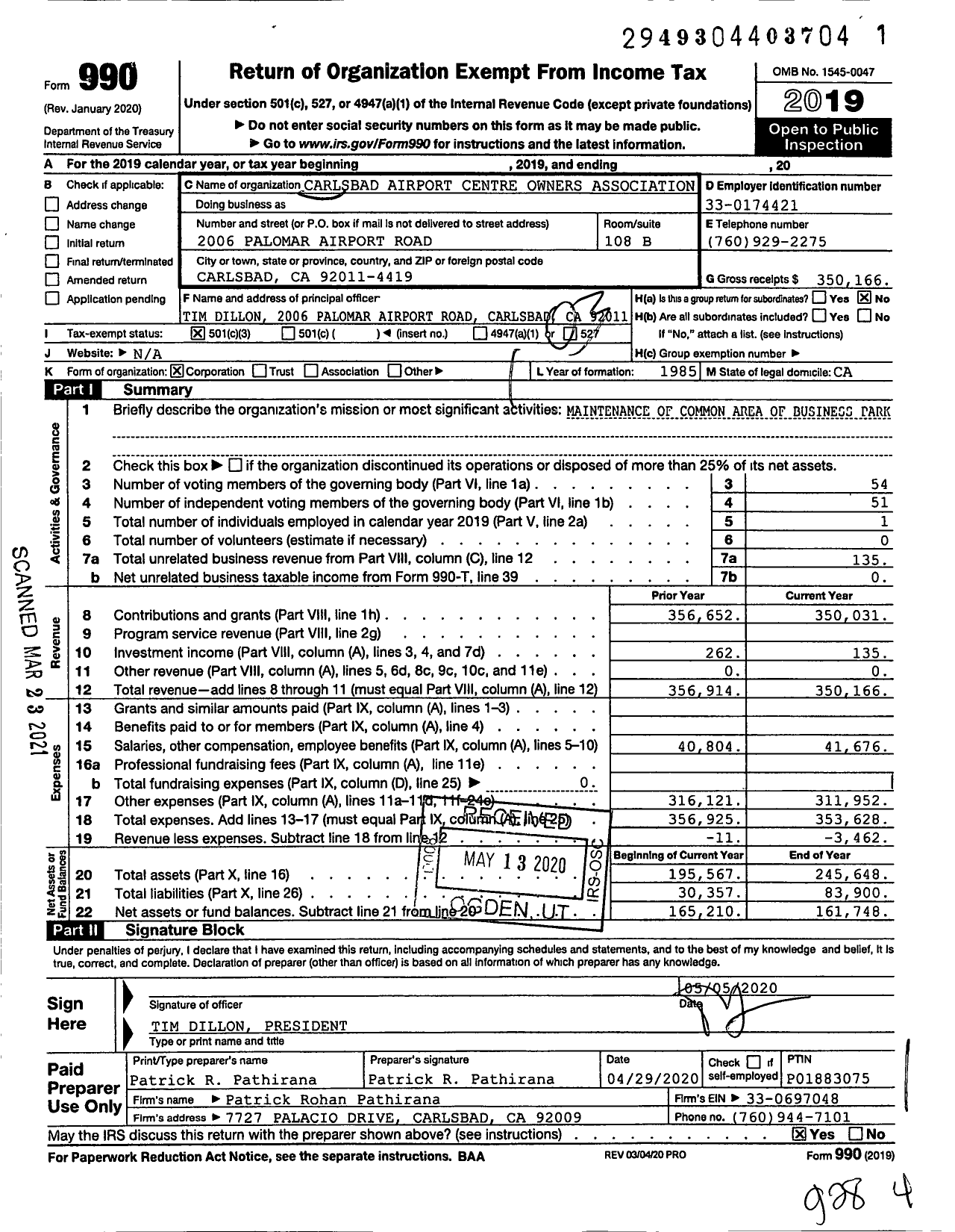 Image of first page of 2019 Form 990 for Carlsbad Airport Centre Owners Association