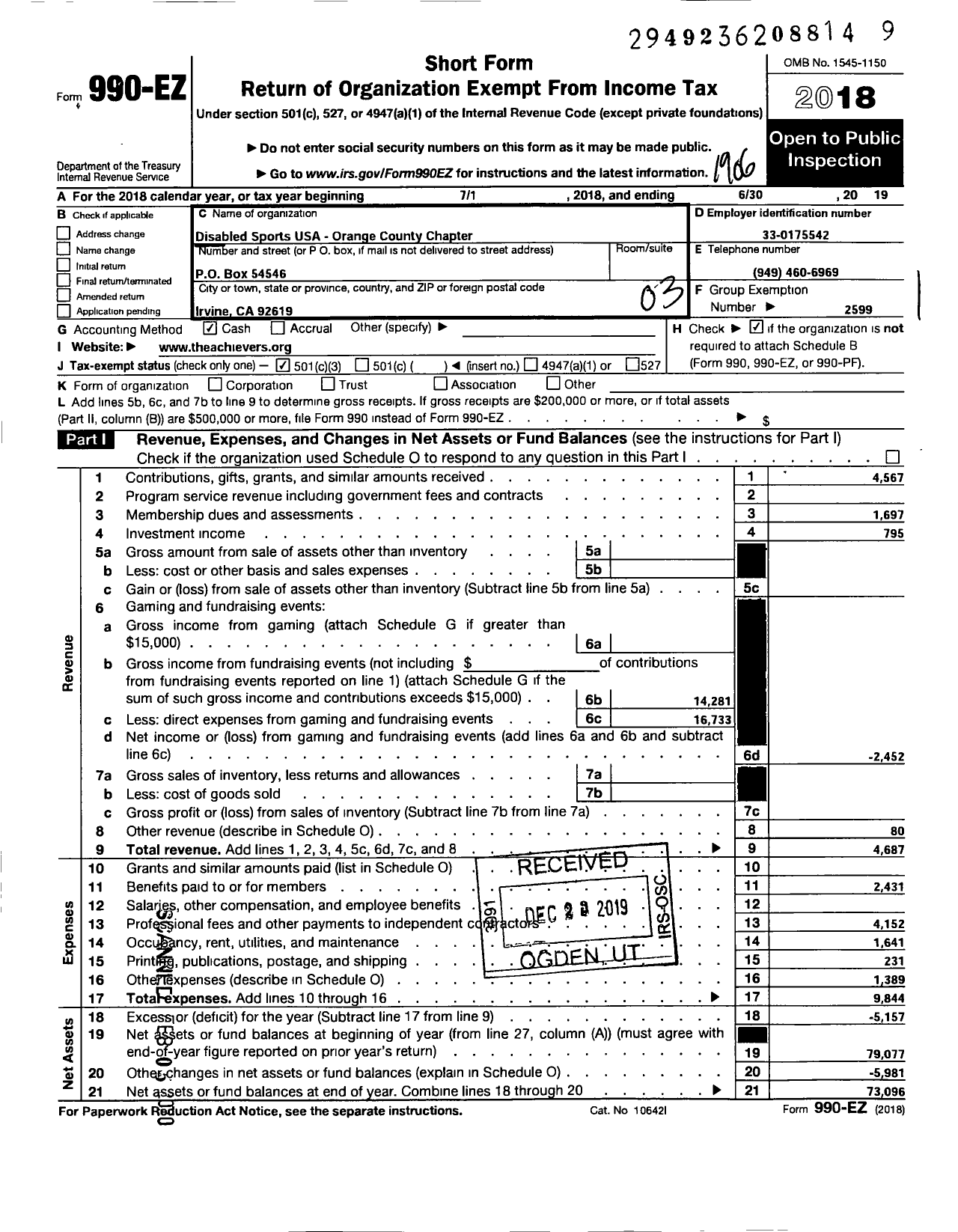 Image of first page of 2018 Form 990EZ for Disabled Sports USA Orange County Chapter the Achievers