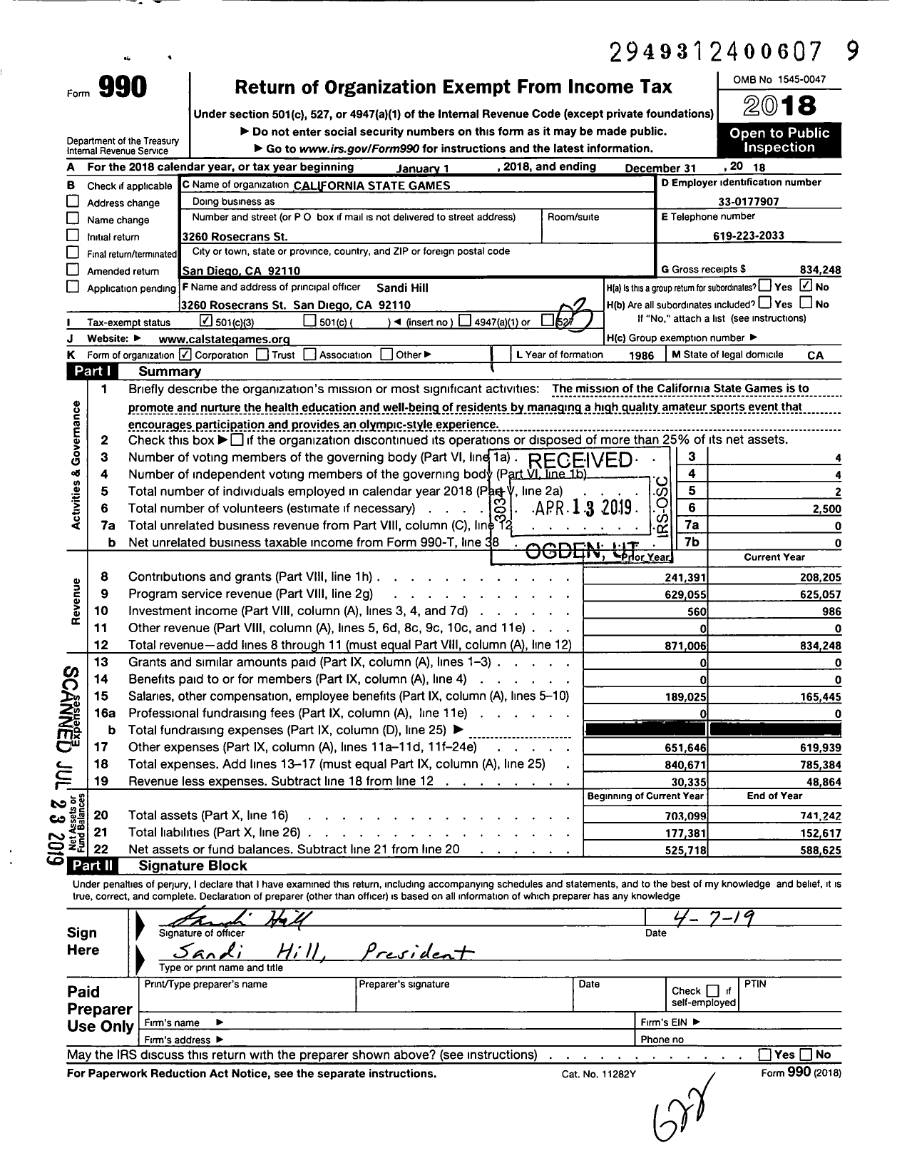 Image of first page of 2018 Form 990 for California State Games