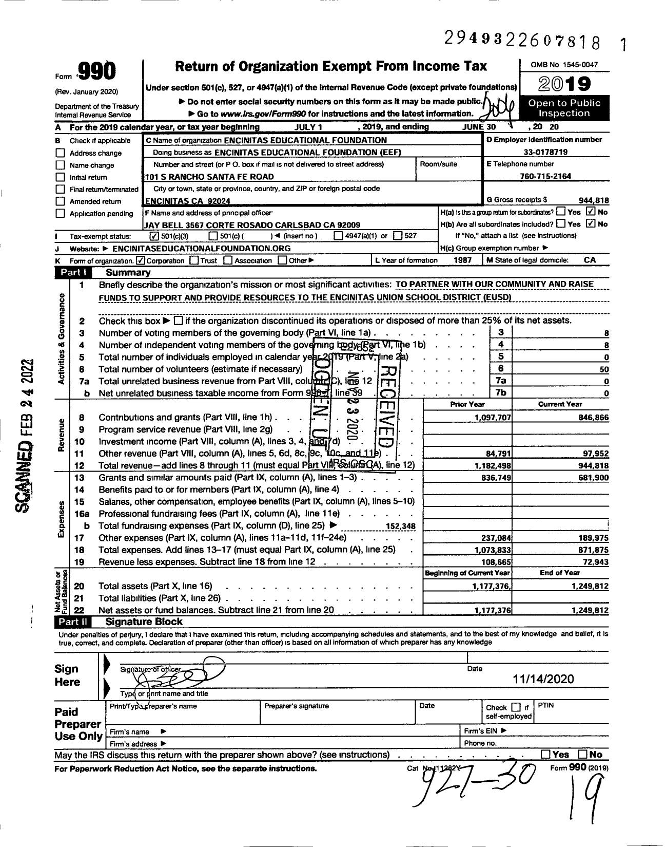 Image of first page of 2019 Form 990 for Encinitas Educational Foundation (EEF)