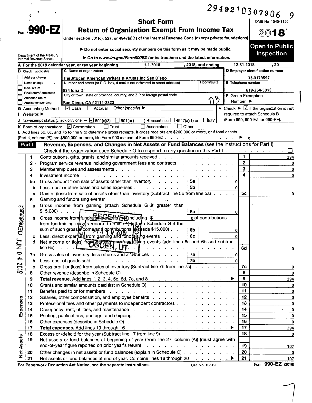 Image of first page of 2018 Form 990EZ for The AFRICAN AMERICAN WRITERS AND ARTISTS sAN DIEGO