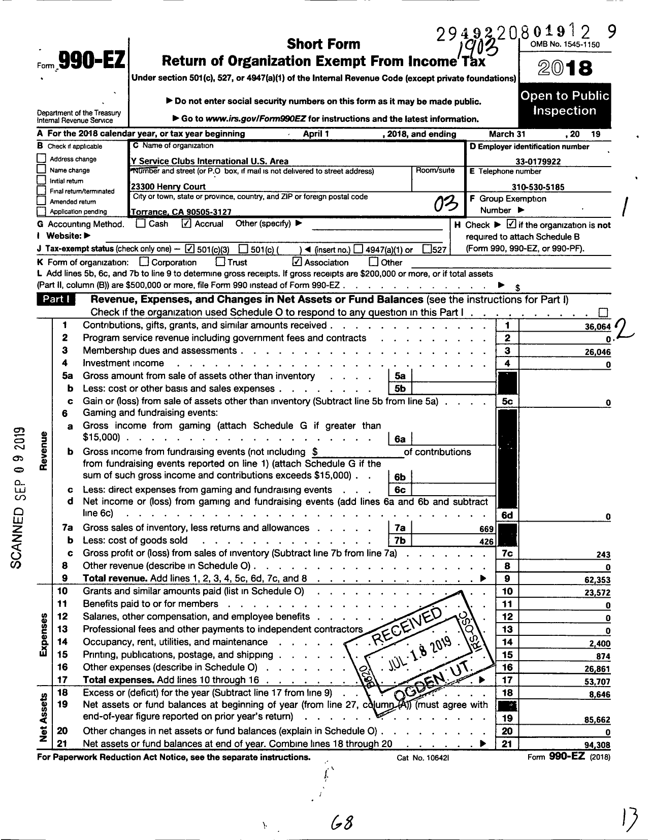 Image of first page of 2018 Form 990EZ for Y Service Clubs International U S Area