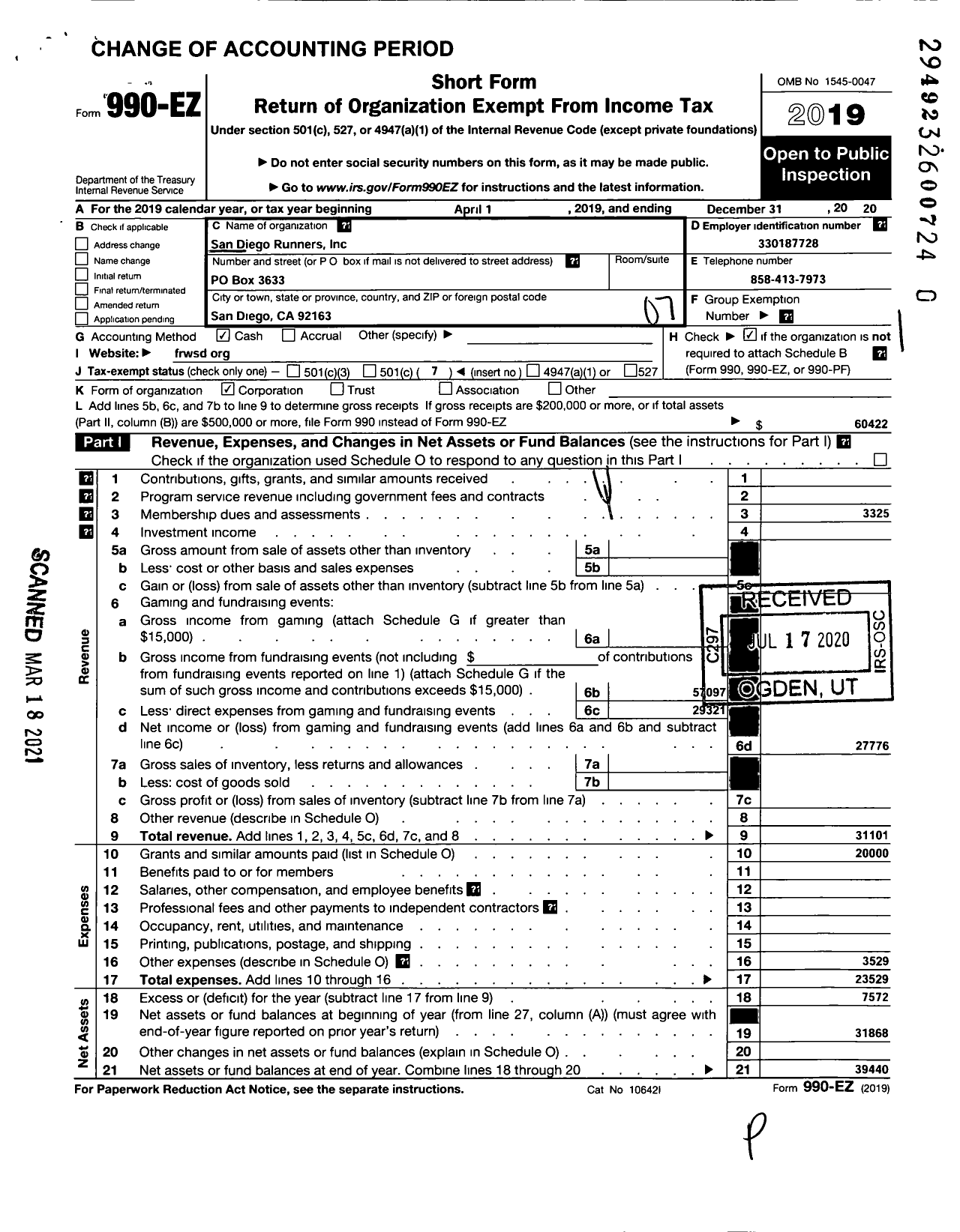 Image of first page of 2020 Form 990EO for Road Runners Club of America