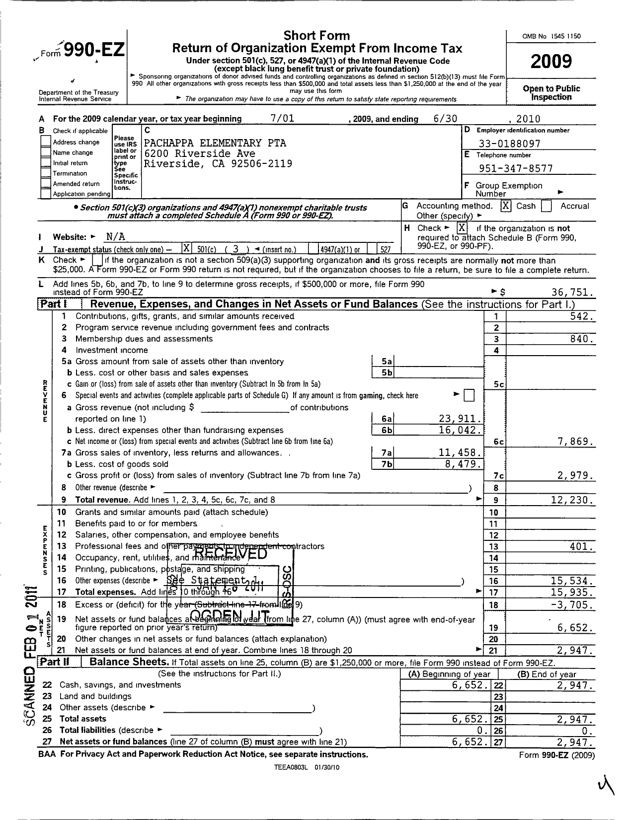 Image of first page of 2009 Form 990EZ for California State PTA - 3694 Pachappa Elementary PTA