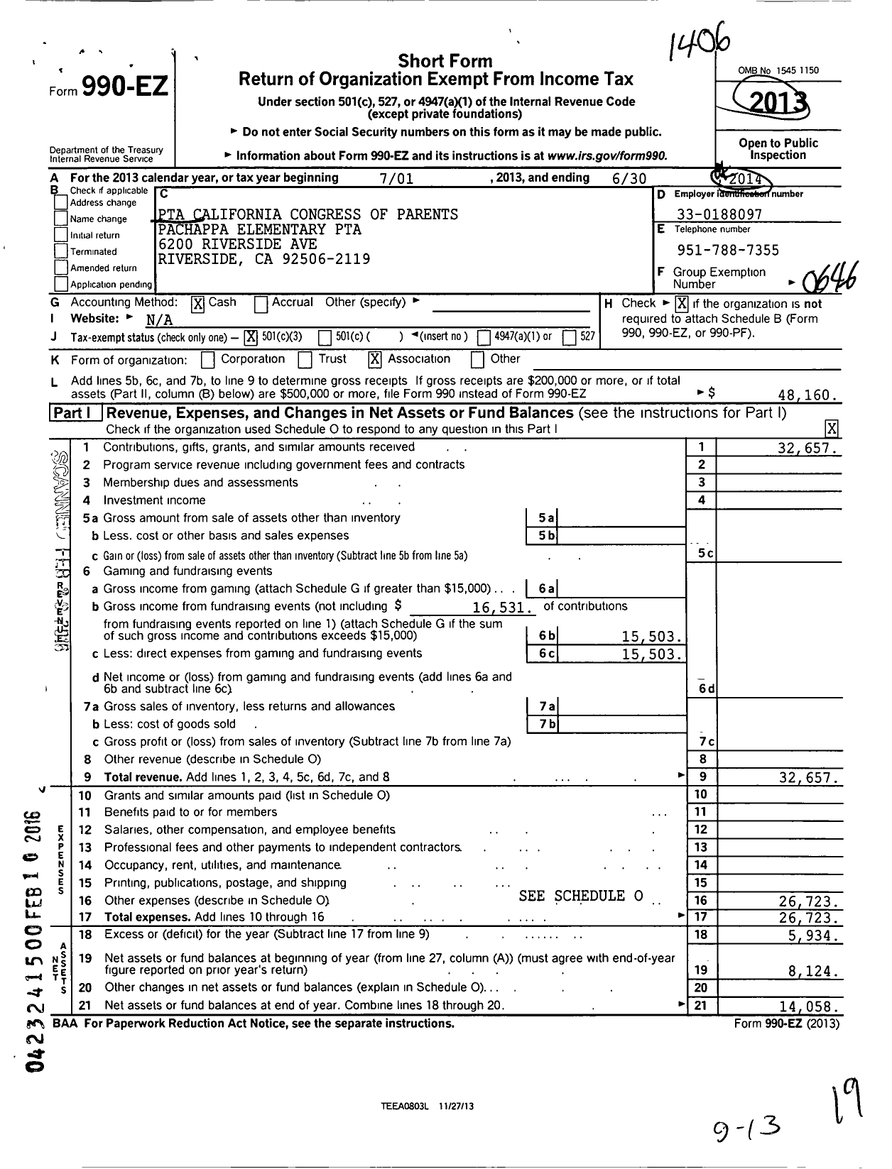 Image of first page of 2013 Form 990EZ for California State PTA - 3694 Pachappa Elementary PTA