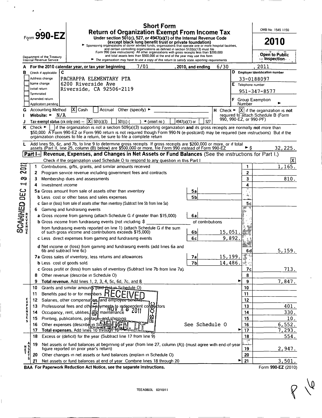 Image of first page of 2010 Form 990EZ for California State PTA - 3694 Pachappa Elementary PTA