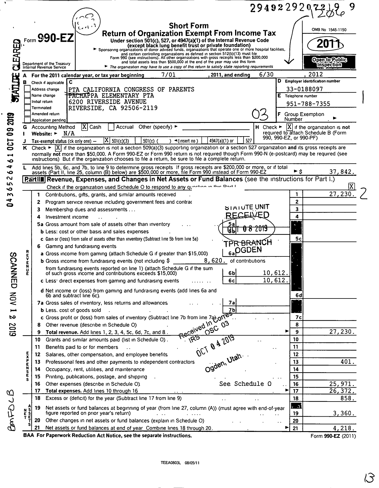 Image of first page of 2011 Form 990EZ for California State PTA - 3694 Pachappa Elementary PTA