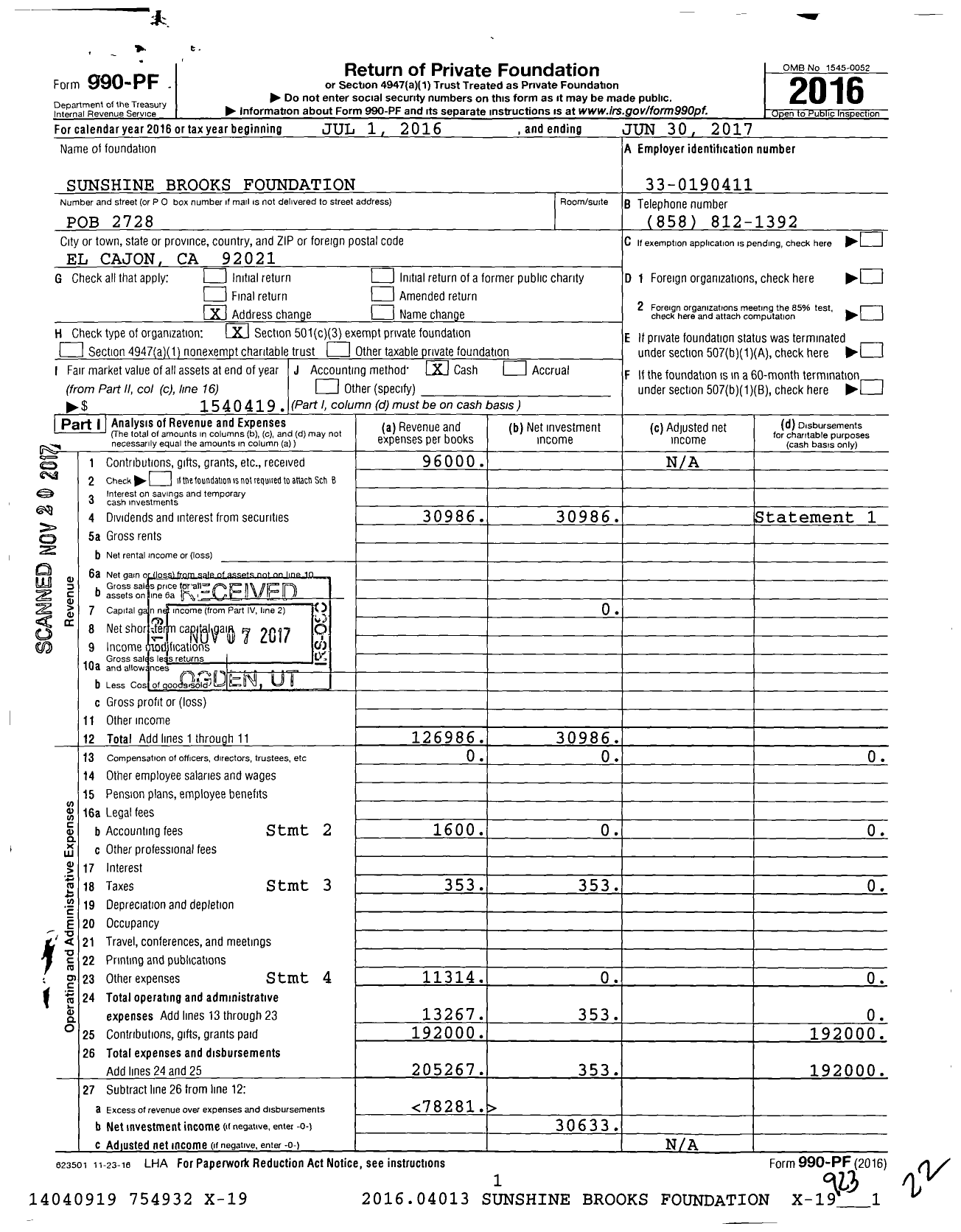 Image of first page of 2016 Form 990PF for Sunshine Brooks Foundation