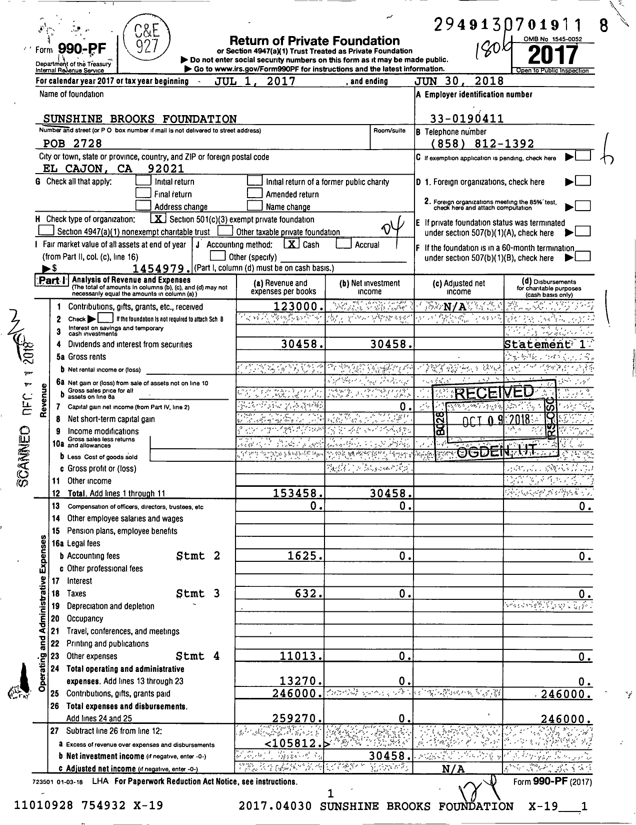 Image of first page of 2017 Form 990PF for Sunshine Brooks Foundation