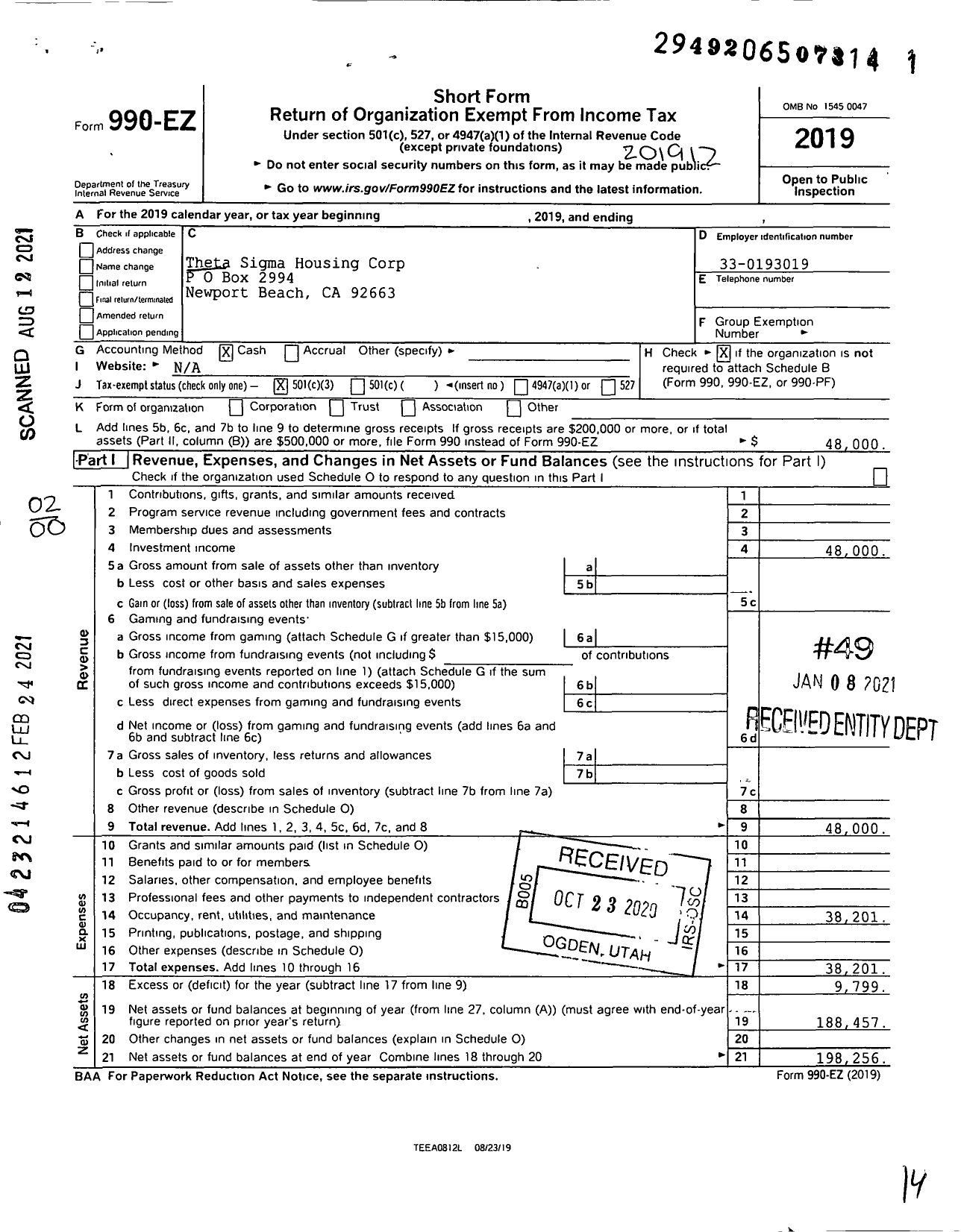 Image of first page of 2019 Form 990EO for Theta Sigma Housing Corp