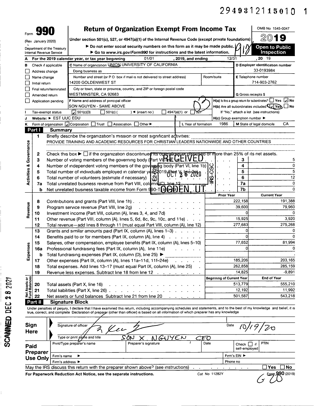 Image of first page of 2019 Form 990 for Union University of California