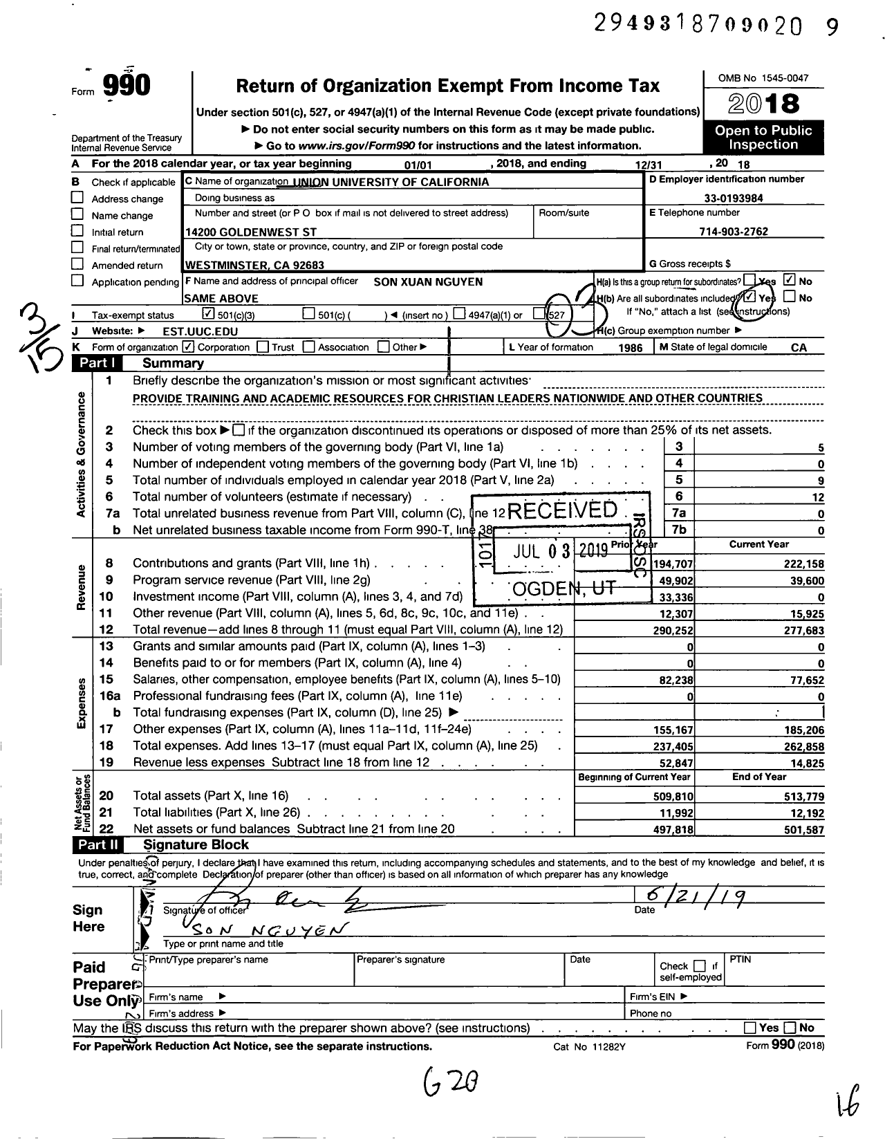 Image of first page of 2018 Form 990 for Union University of California