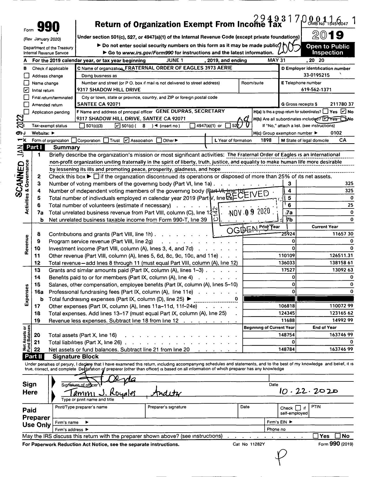 Image of first page of 2019 Form 990O for Fraternal Order of Eagles - 3973 Aerie