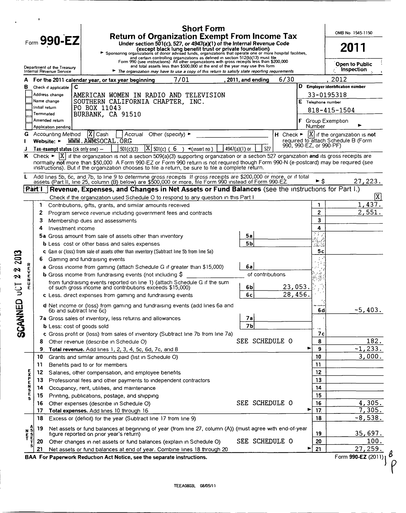 Image of first page of 2011 Form 990EO for Alliance for Women in Media Southern California Affiliate